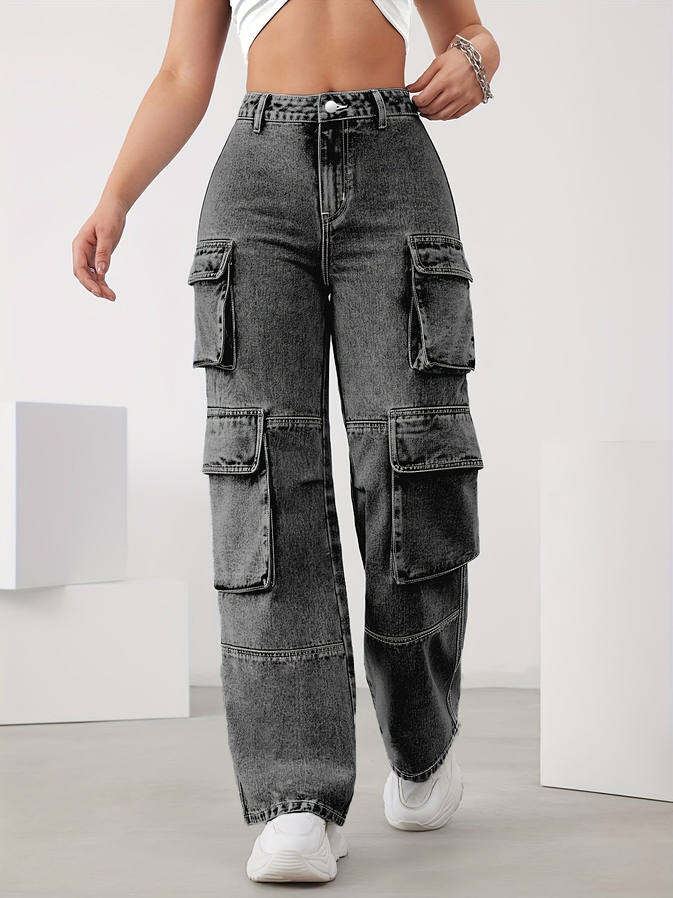 Pantalones vaqueros cargo de cintura alta para mujer, denim de gran tamaño con múltiples bolsillos, mezcla de rayón y viscosa elástica