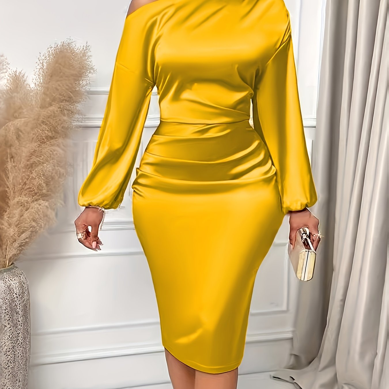 Elegante vestido ajustado fruncido con hombros descubiertos, manga larga, tejido elástico, lavable a máquina, perfecto para primavera y otoño