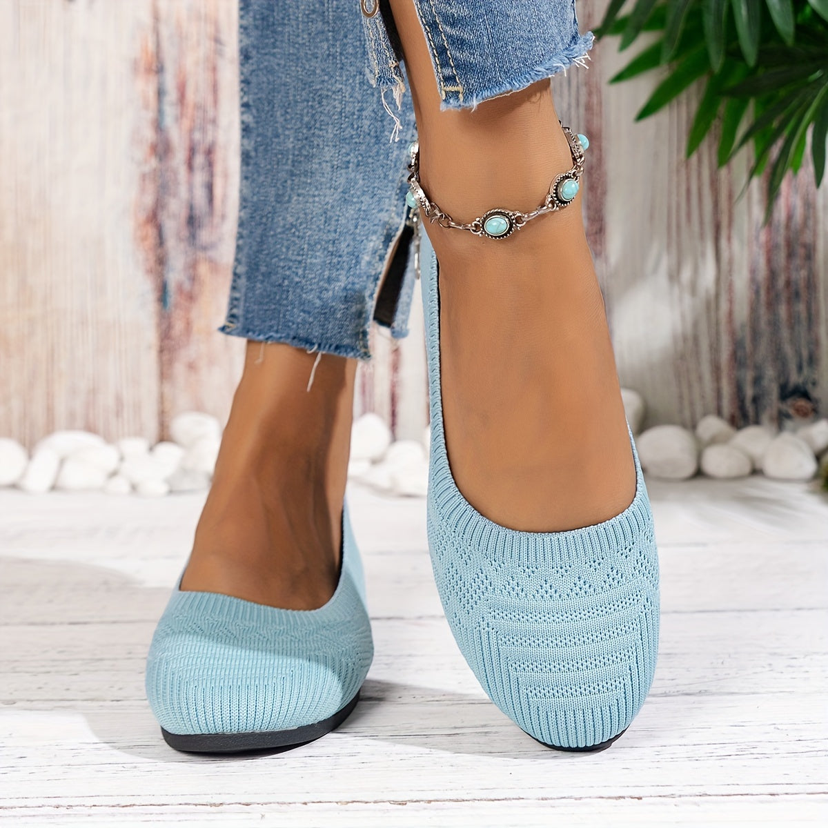 Comfortable Women's Round Toe Knit Ballet Flats - Lightweight, Breathable, and Soft Fabric Upper - Perfect for Daily Wear and Casual Occasions