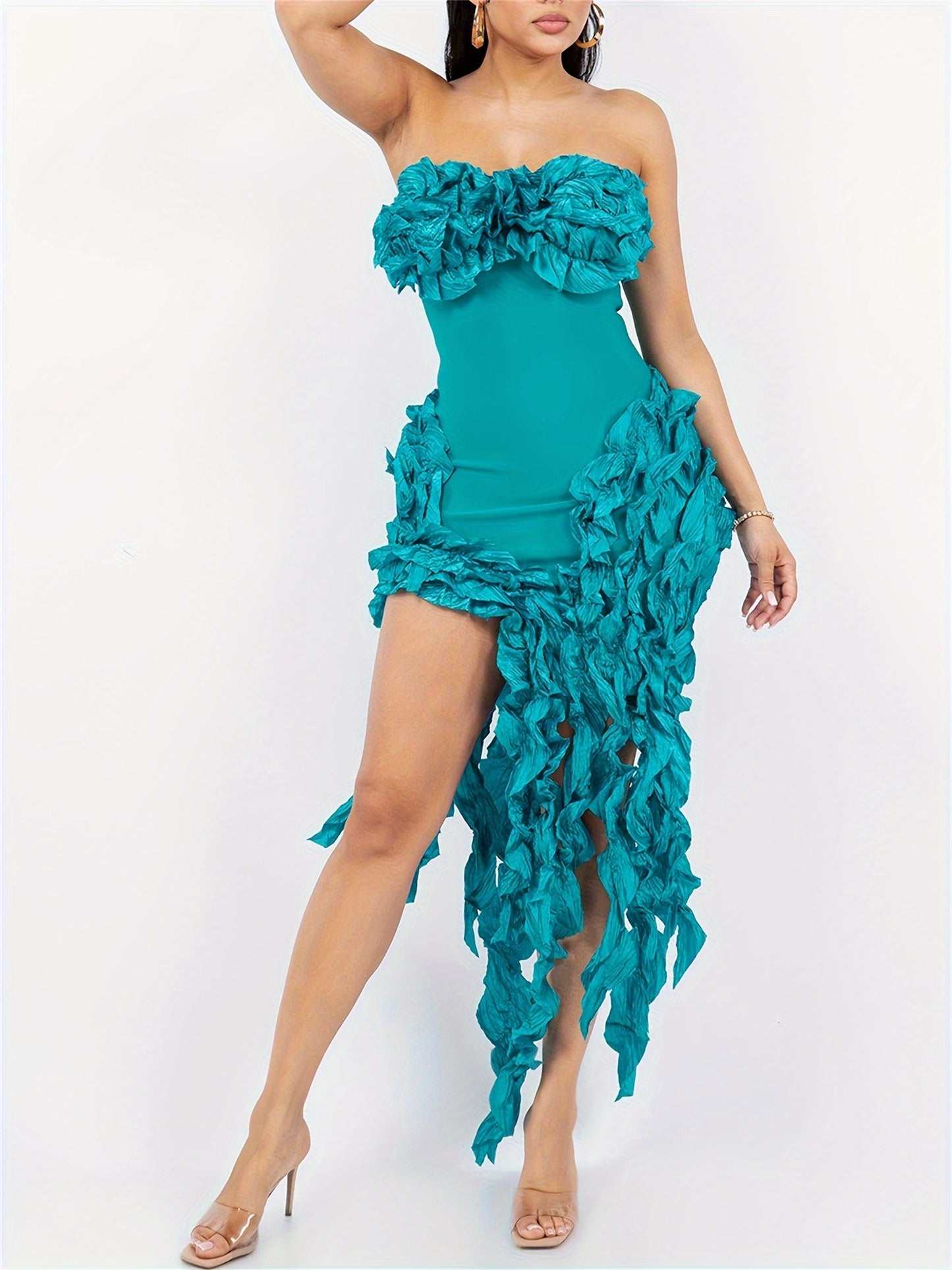 Sultry Midi Cocktail Party Dress - Women Clothing, Strapless, Applique, Asymmetrical, Fringe Hem, High Split, Sexy, Birthday Party, Formal Wear for Women