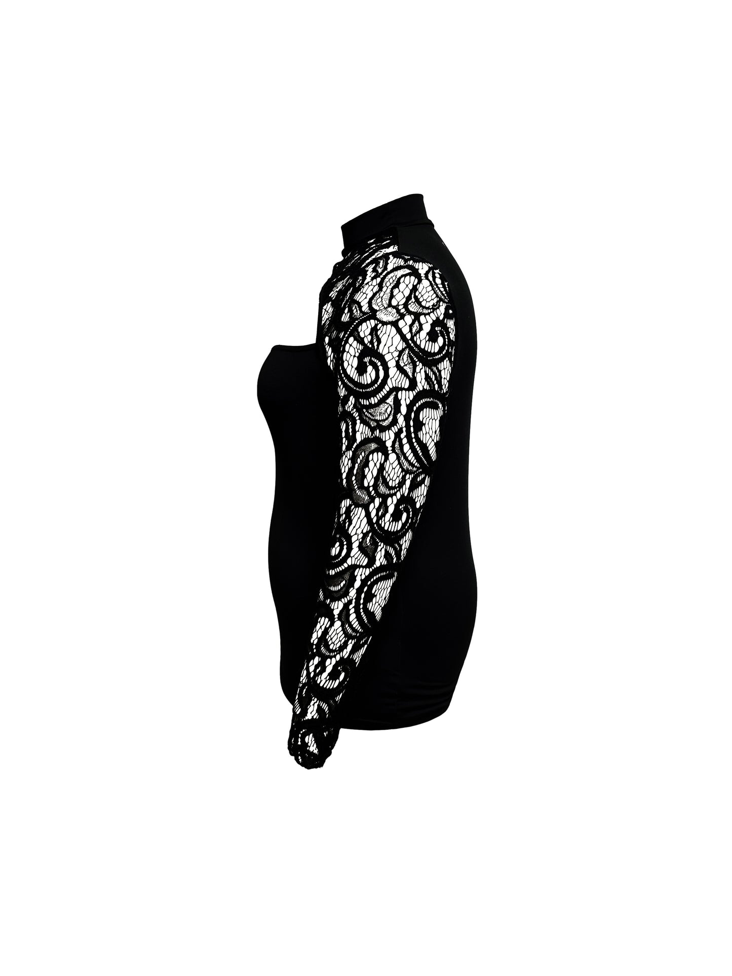 Plus Size Womens T-Shirt with Seductive Lace Cut Out - Flattering Slim Fit Long Sleeve Mock Neck Top