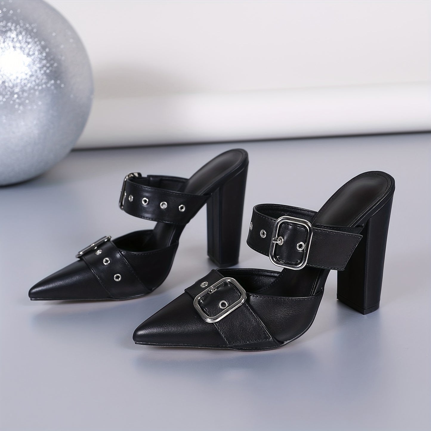Elegant Women's Pointed Toe Mules with Chunky Heels & Rivet Embellishments - Easy Slip-On, Buckle Accent Dress Shoes for Chic Party Wear