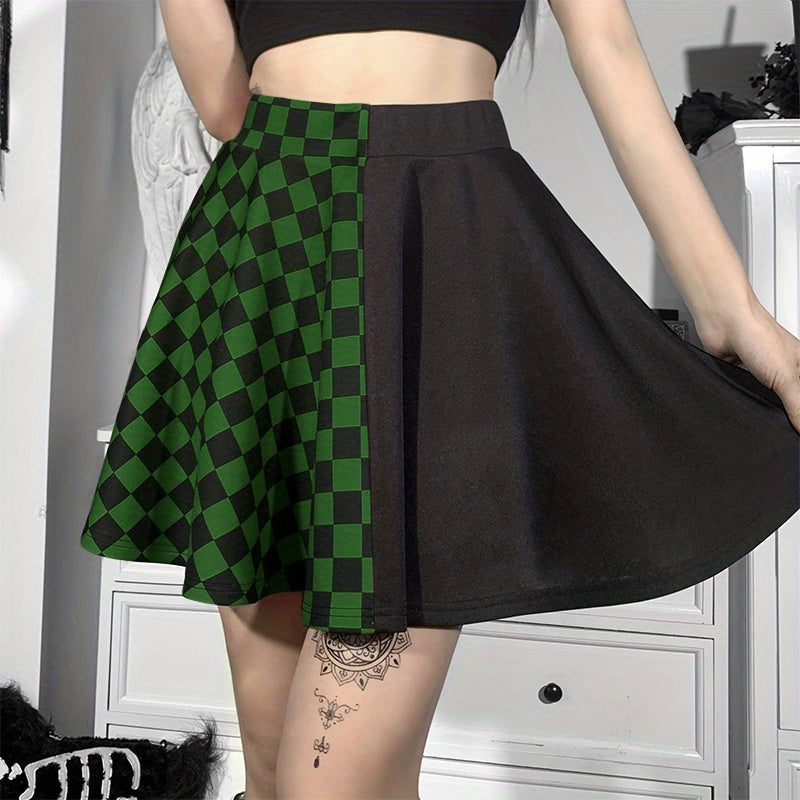 Chessboard Print Splicing Skirt, Gothic Ruched Punk Mini Skirt Without Belt, Women's Clothing