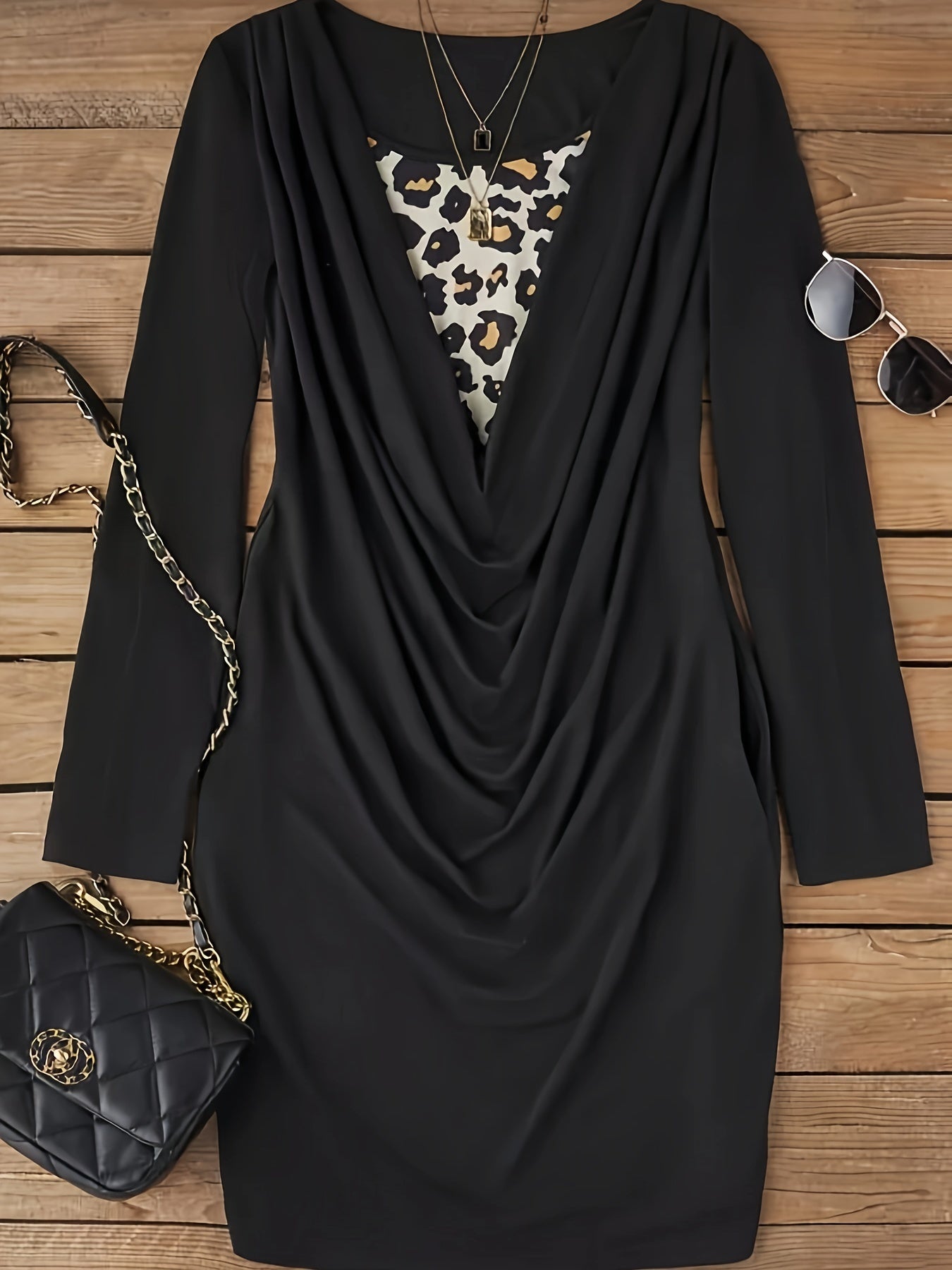 Vestido de cuello redondo con estampado de leopardo: vestido informal de corte relajado con mangas largas y fruncido para mujer, silueta cómoda y favorecedora, perfecto para uso diario, ropa de moda para mujer
