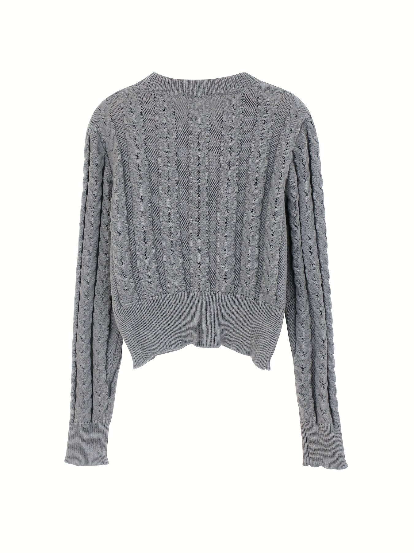 Solid Crew Neck Cable Knit Sweater, Casual Long Sleeve Pullover Sweater, Women's Clothing
