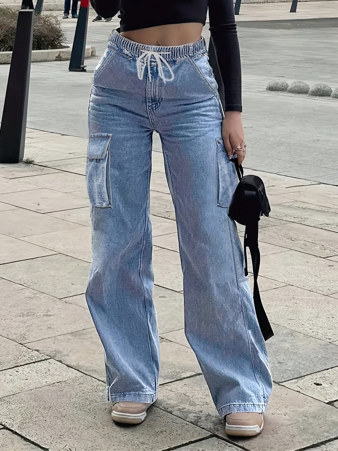 Waist Drawstring Women'S Loose Denim Straight Leg Pants, Mid Waistband Pocket, Comfortable And Versatile
