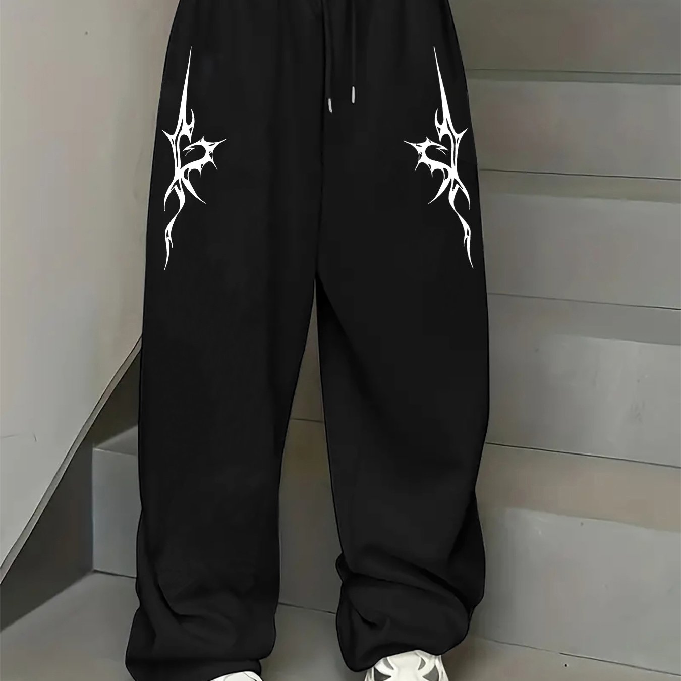 1 pantalón deportivo informal con estampado gótico para mujer, tejido de punto 100 % poliéster, temporada de invierno, cintura elástica con cordón, pantalones de pierna ancha estilo hip hop de pierna recta