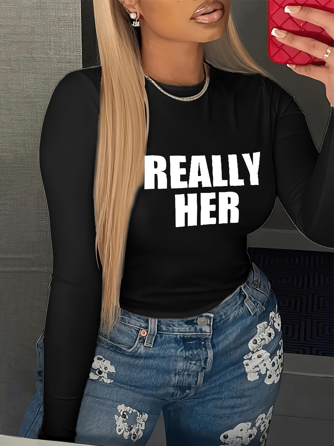 Letter Print Crew Neck T-shirt, Y2K Long Sleeve Top For Spring & Fall, Women's Clothing
