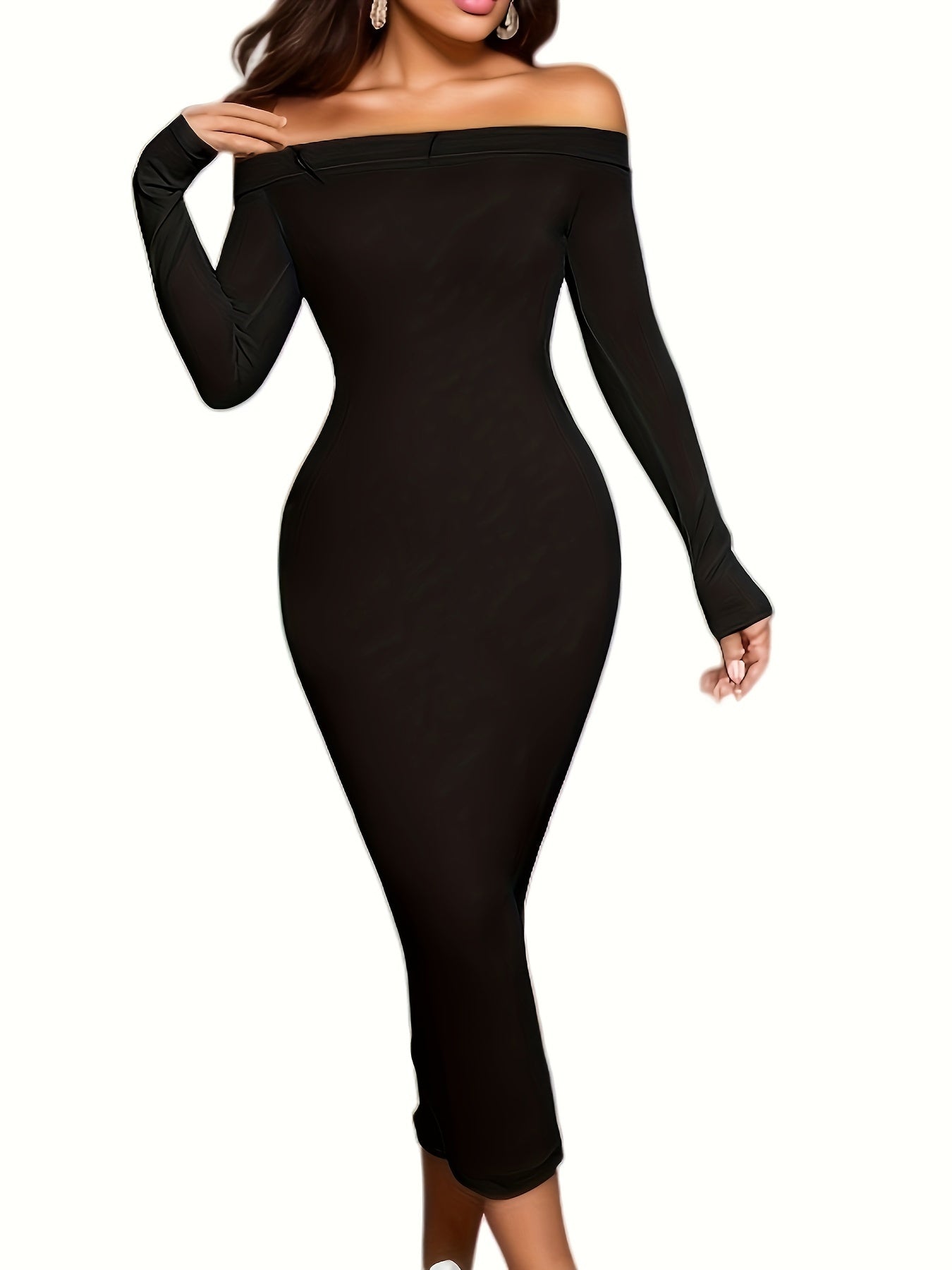 Chic Off Shoulder Solid Dress - Flattering Long Sleeve, Perfect for Parties & Banquets - Premium Womens Fashion