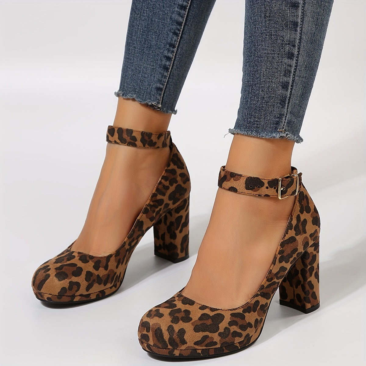 Glamorous Womens Leopard Print Block Heels - Stylish Buckle Strap Dress Pumps for Comfortable, All-Day Chic - Durable & Feminine Footwear