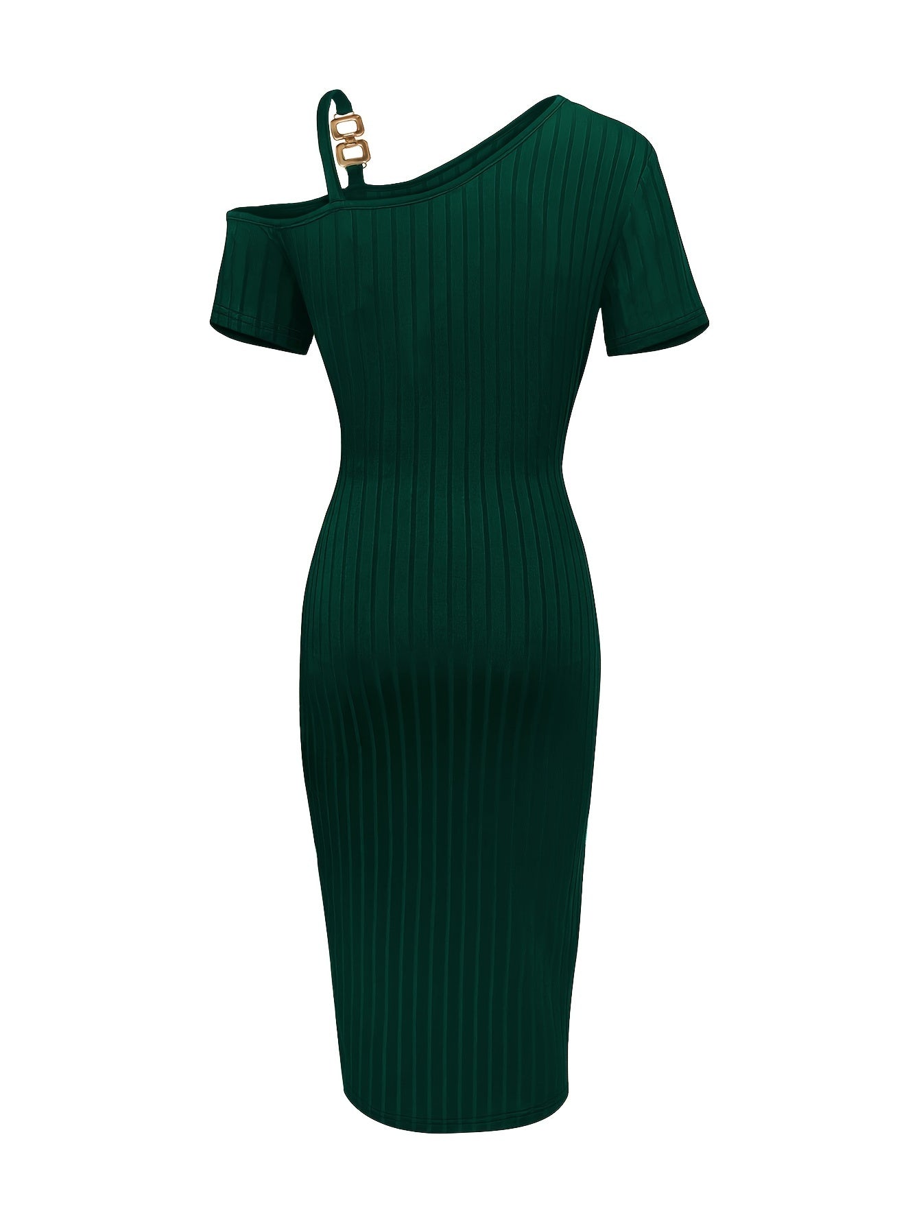 Exquisite Cold Shoulder Split Hem Chain Dress - Unique Asymmetrical Silhouette, Comfortable Short Sleeves, Trendy Split Hem Detail, Delicate Chain Embellishments -