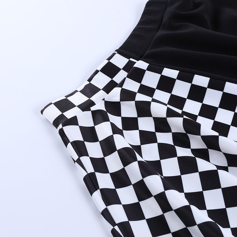 Chessboard Print Splicing Skirt, Gothic Ruched Punk Mini Skirt Without Belt, Women's Clothing