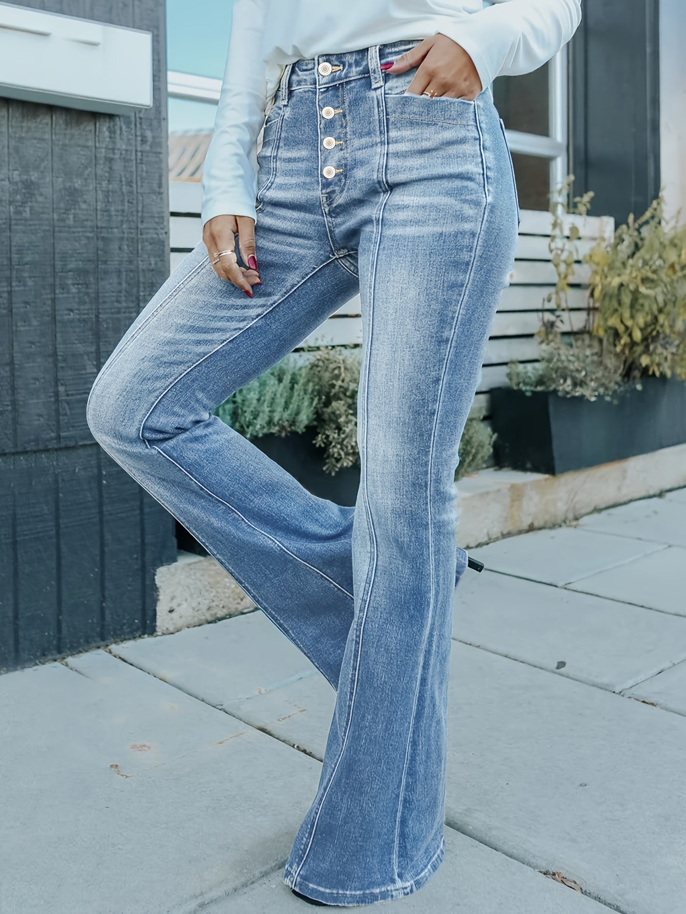 Stylish Plus Size Flare Leg Denim Pants - Women Plus - Single-Breasted, Whiskering, Pintuck Washed, Comfortable, High-Waisted, Fashionable Blue Jeans for Curvy Women