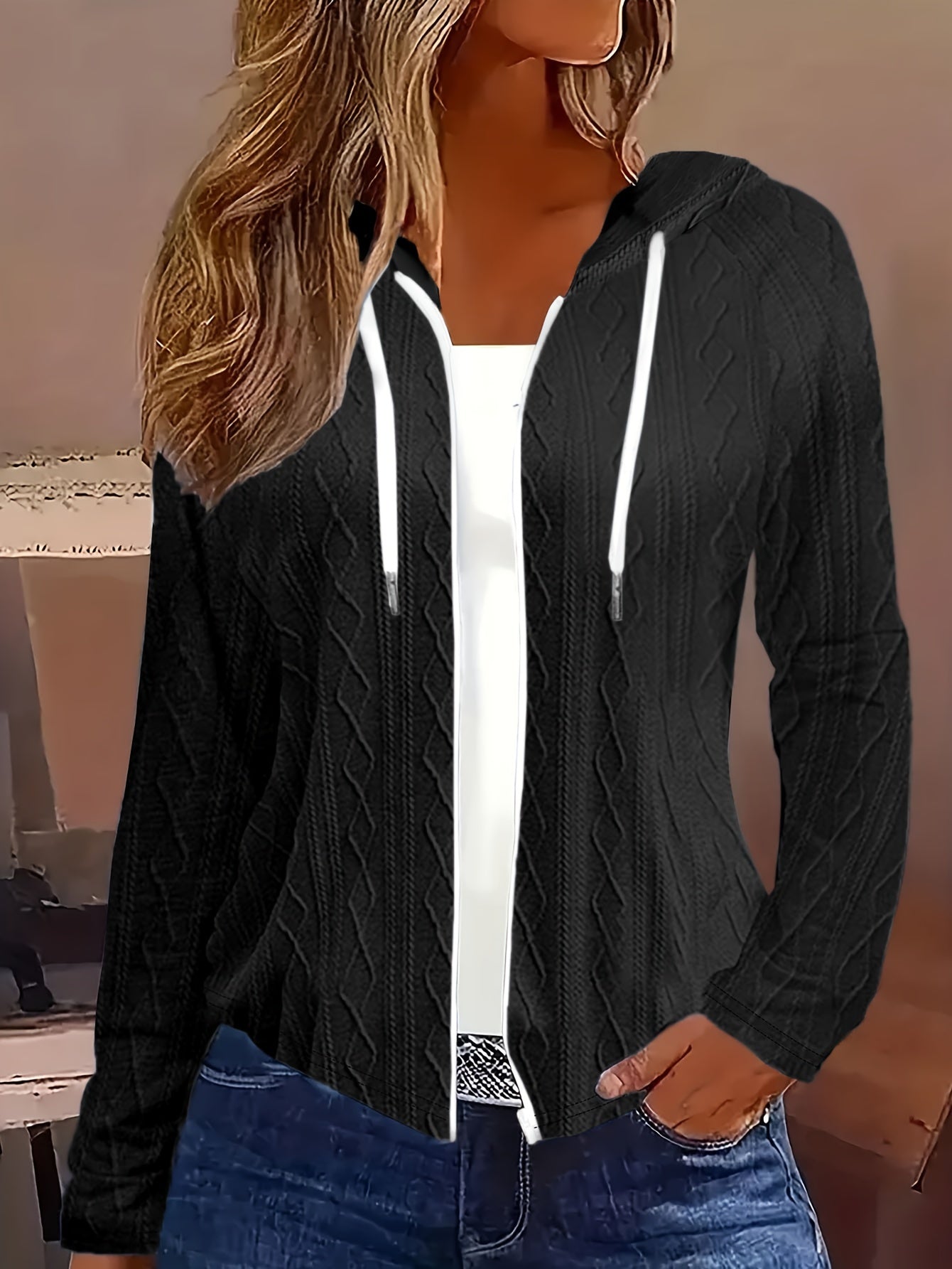 Cozy Cable Knit Sweater - Soft, Long Sleeve, Drawstring Hooded