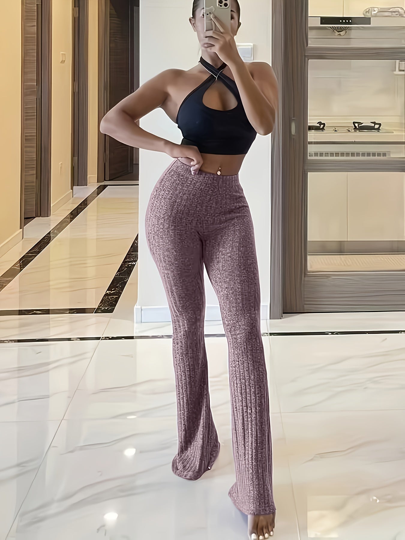 Women's High-Waisted Ribbed Flare Leg Pants - LuxyXO