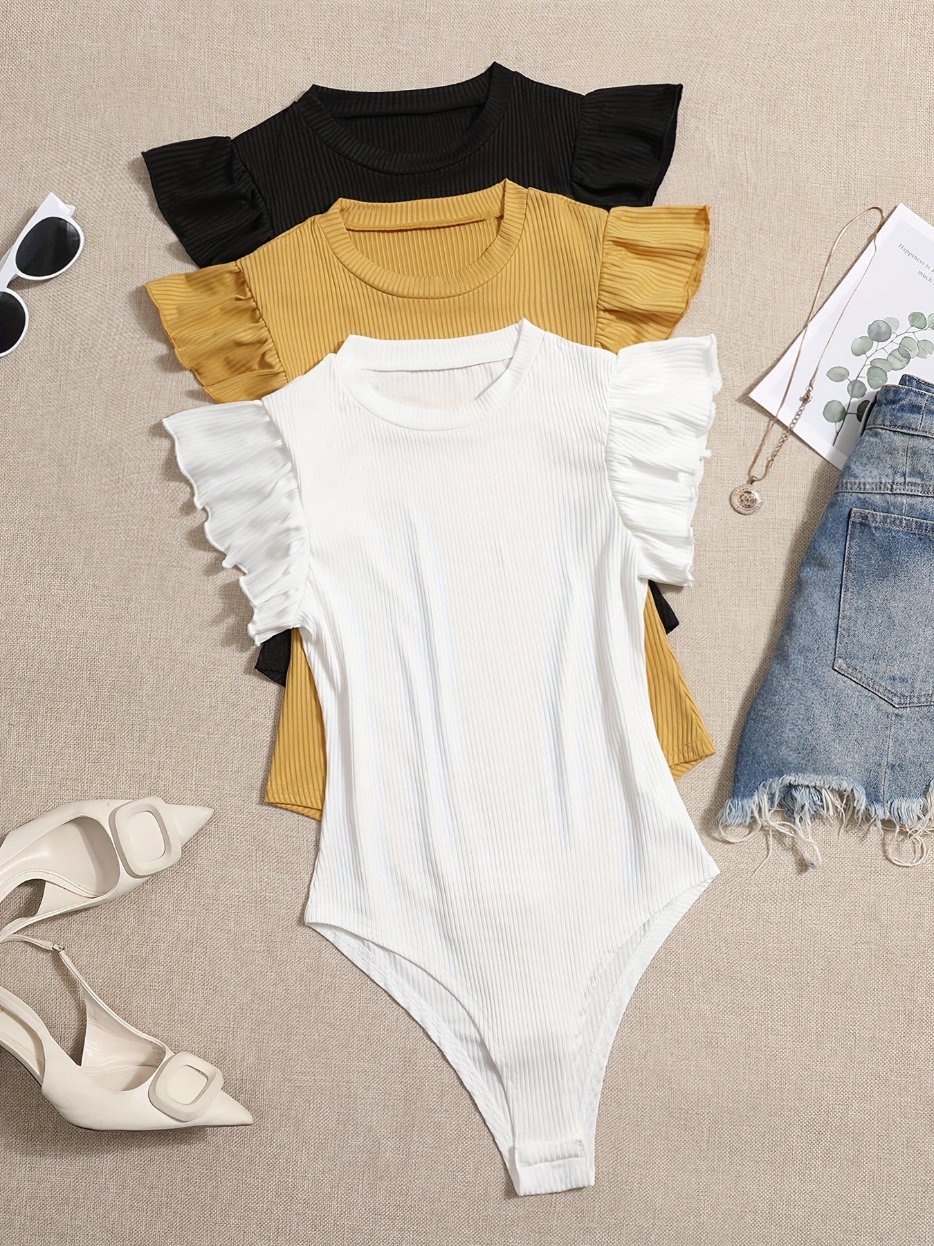 Body elegante de punto acanalado liso con cuello redondo, paquete de 3 unidades