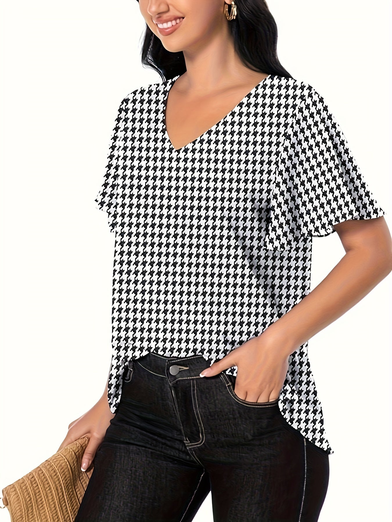 Houndstooth Print V Neck Blouse, Elegant Ruffle Sleeve Blouse For Spring & Summer, Women's Clothing