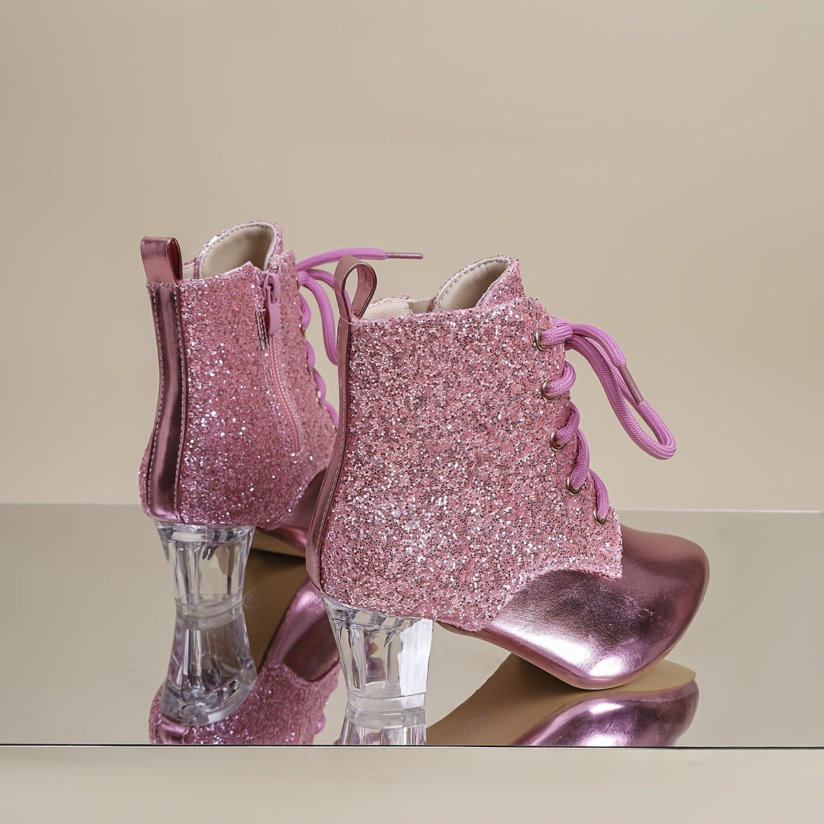 Botines con parches de lentejuelas para mujer, punta puntiaguda moderna, cierre de cremallera, tacón de bloque medio, forro de tela