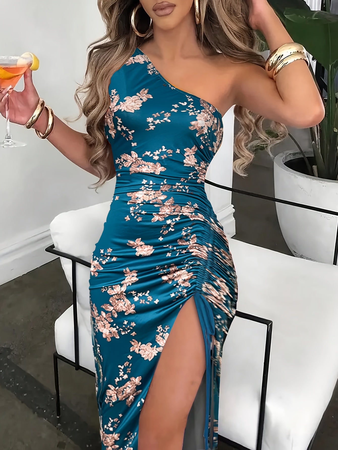 Vibrant Floral Print One Shoulder Ruched Dress - Elegant Sleeveless Asymmetrical Split Thigh Design, Chic Vacation Clothing for Women, Perfect for Summer Getaways, Beach Trips, and Outdoor Events