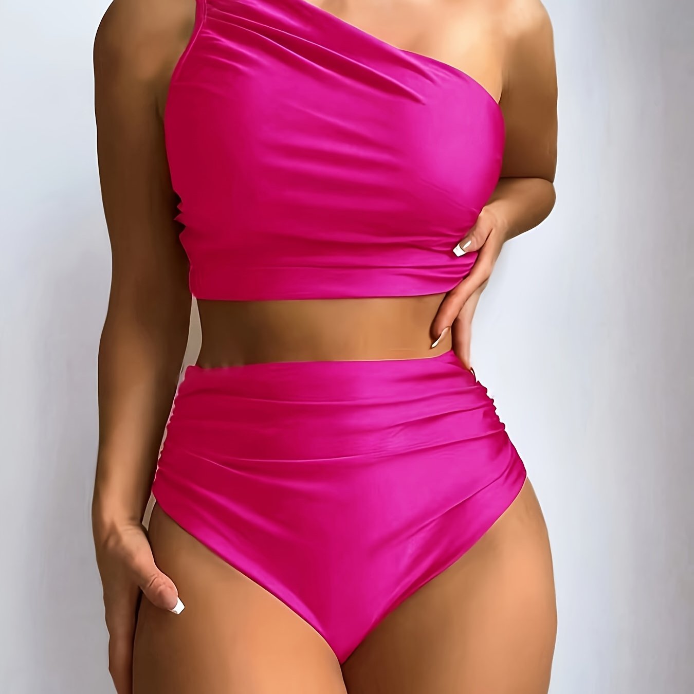 Women'S Sexy One-Shoulder Black Bikini Set - High Stretch Polyamide & Elastane, Solid Color Swimsuit with Frill Detail, Sleeveless, Swimwear Essentials | One Shoulder Bikini | Stretchy Fabric