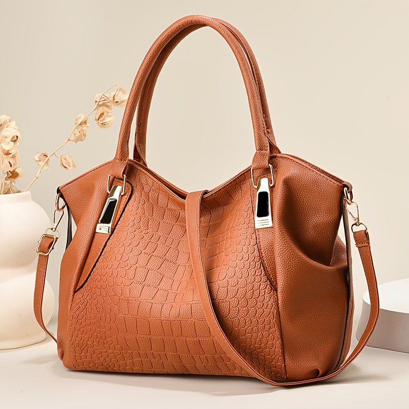 Elegante bolso de mano de PU con estampado de cocodrilo, correa ajustable, cierre de cremallera, liviano, borde pintado, forro de poliéster, perfecto para viajar, regalo de San Valentín y ocasiones de color sólido que combinan con todo