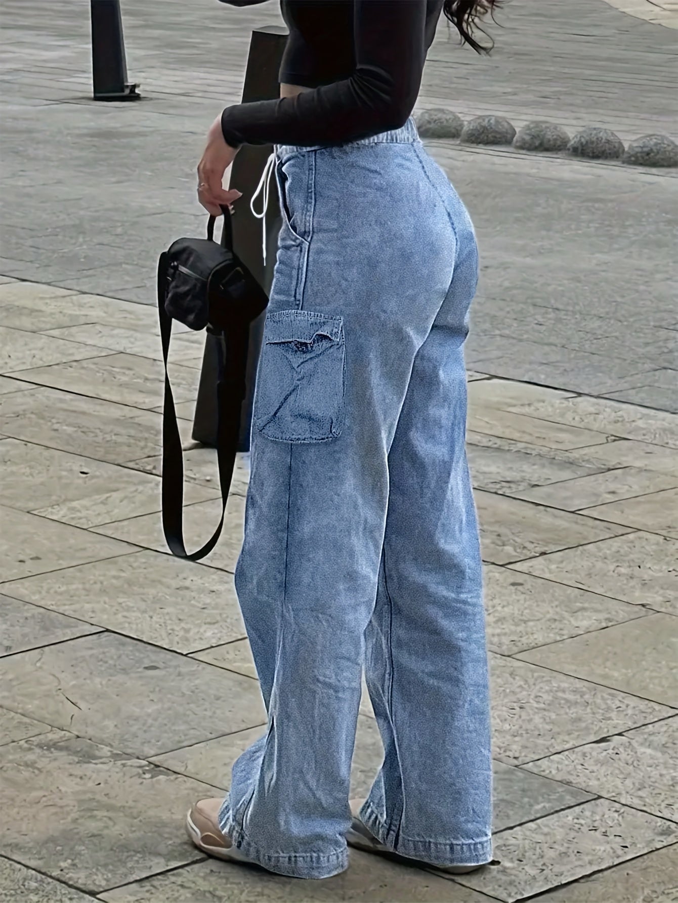 Waist Drawstring Women'S Loose Denim Straight Leg Pants, Mid Waistband Pocket, Comfortable And Versatile