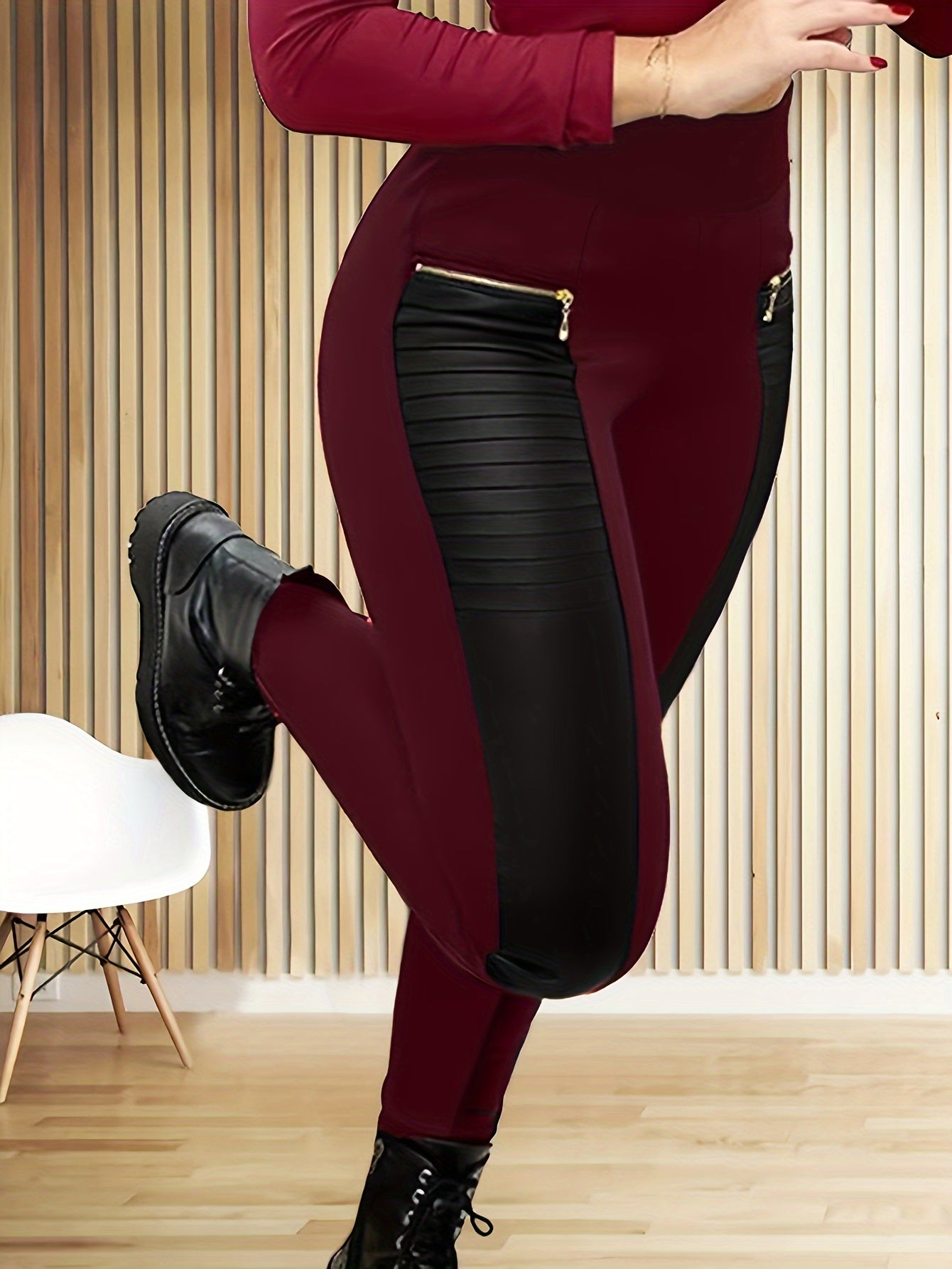 Pantalones pitillo elegantes de cintura alta con detalle de cremallera de piel sintética: pantalones largos elásticos con diseño de patchwork
