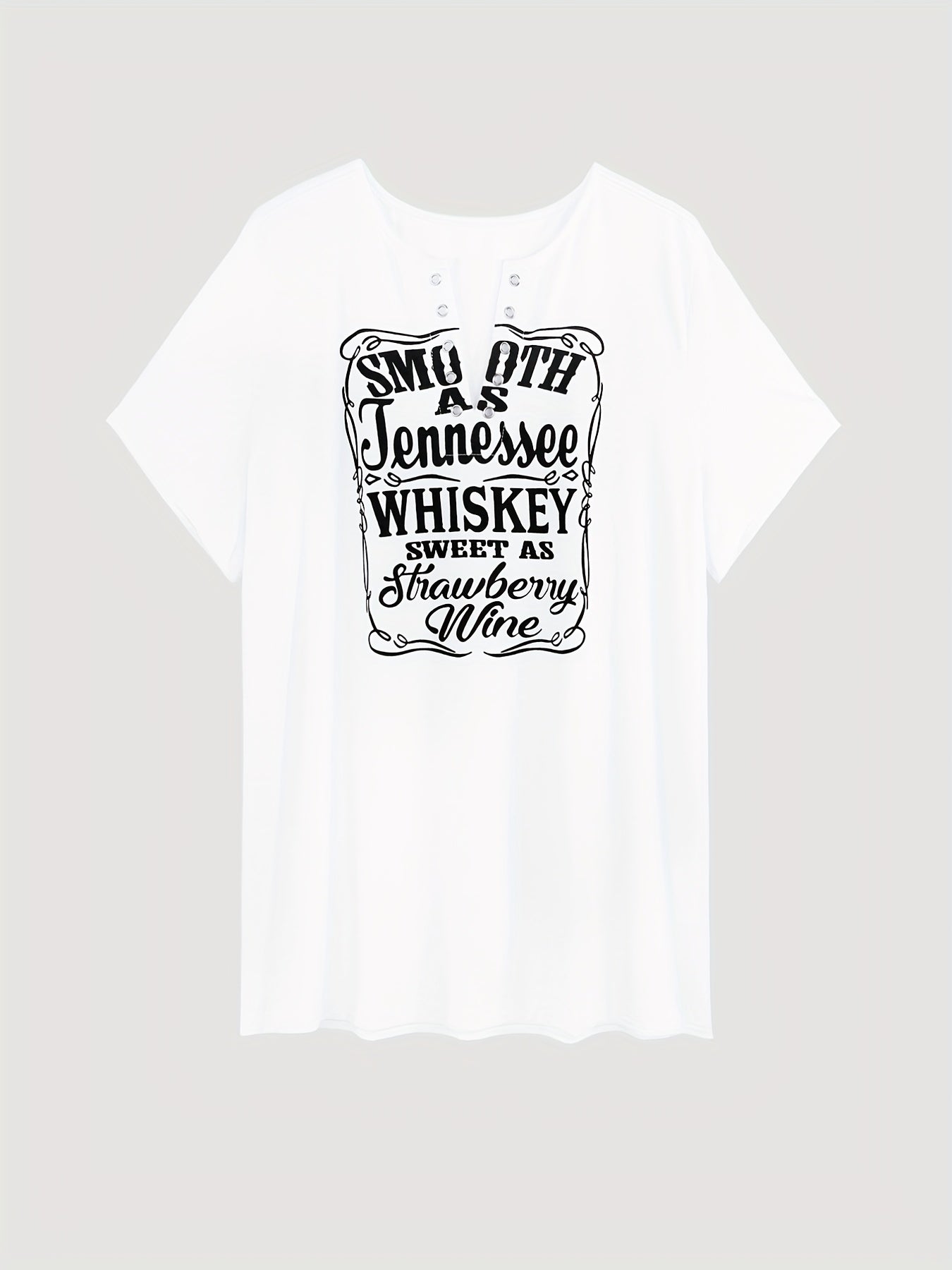 Plus Size Women's Relaxed Fit V Neck Casual T-Shirt - Soft Slight Stretch Fabric, Short Sleeve, Grommet Detail, Slogan Print, Comfortable and Breathable - Perfect for Everyday Wear