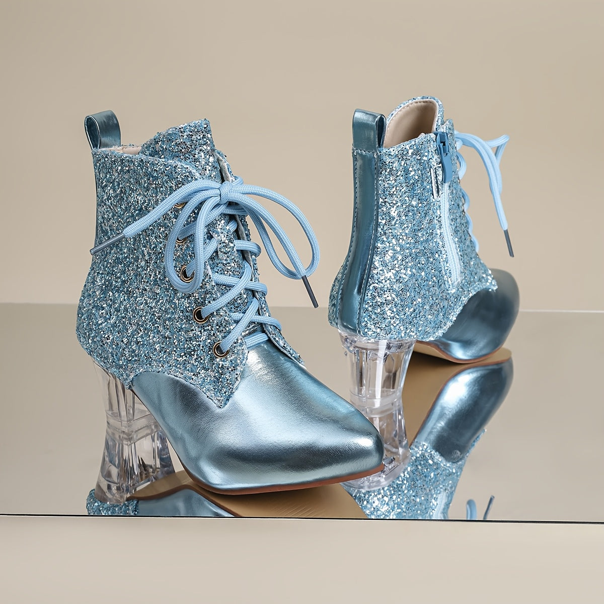 Botines con parches de lentejuelas para mujer, punta puntiaguda moderna, cierre de cremallera, tacón de bloque medio, forro de tela