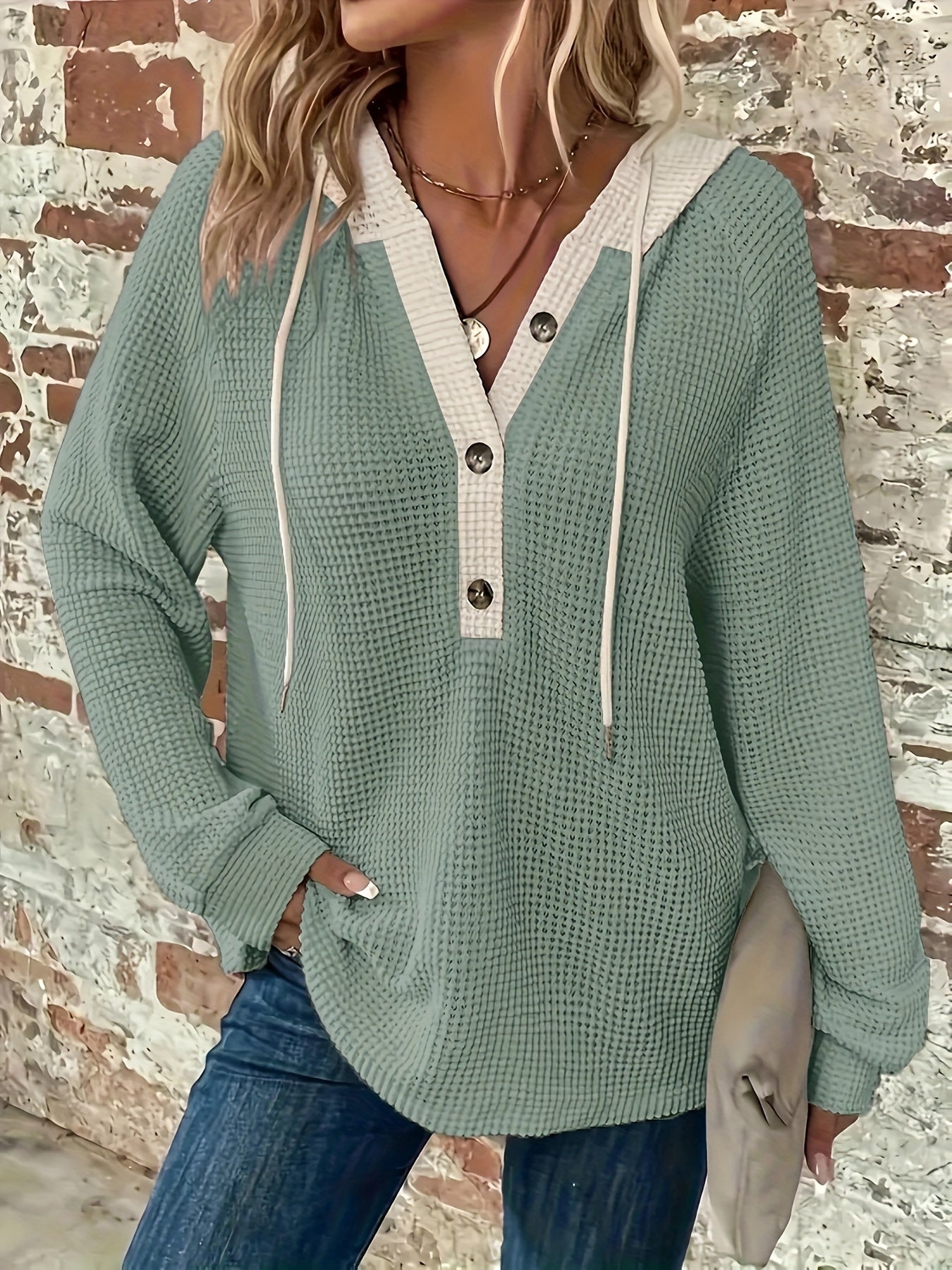 Plus Size Color Block Button Hoodie - Stylish Drawstring Design, Soft and Cozy Long Sleeve for Spring & Fall, Womens Casual Comfortable Clothing for Daily Wear