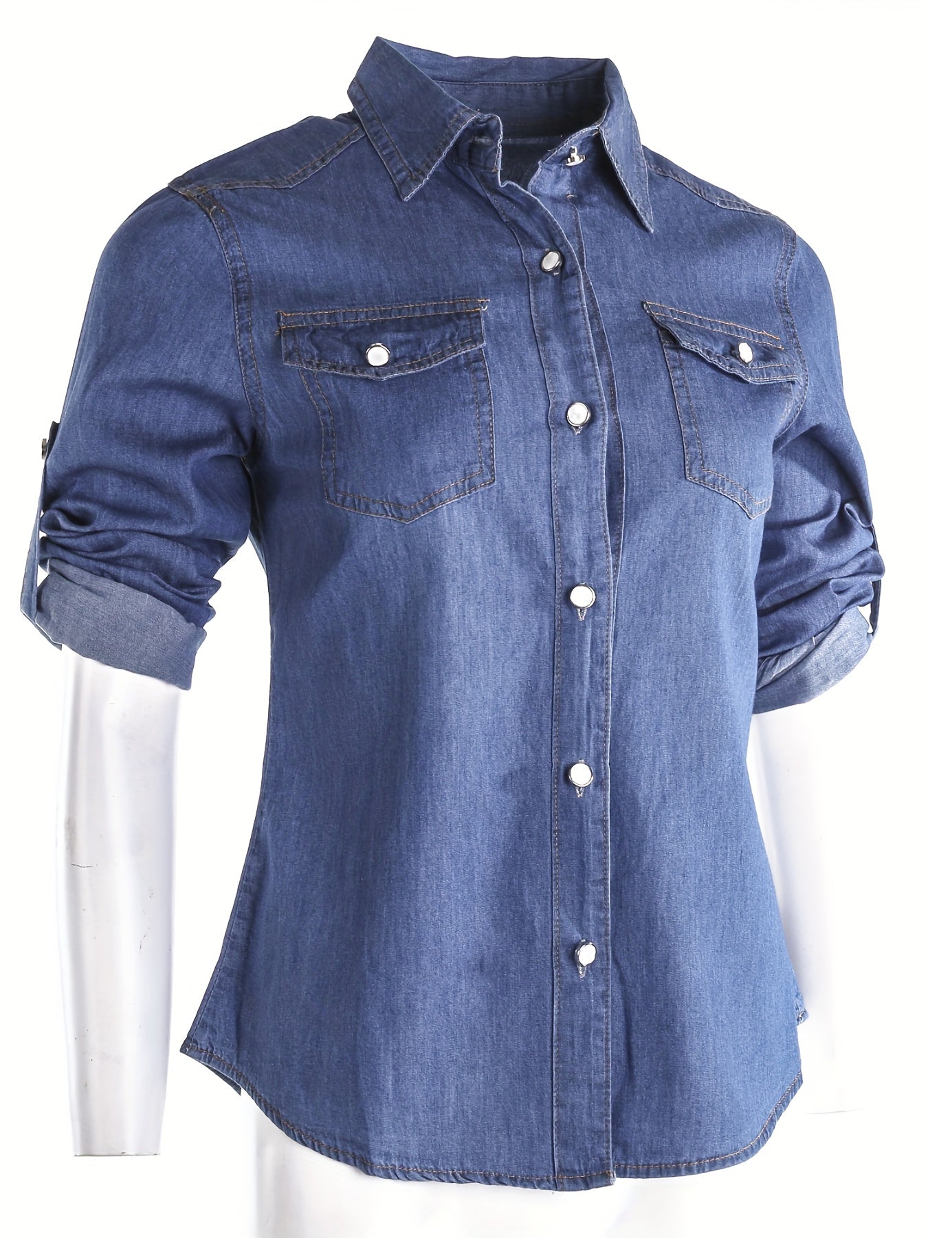 Women Retro Blue Denim Shirts Adjustable Long Sleeve