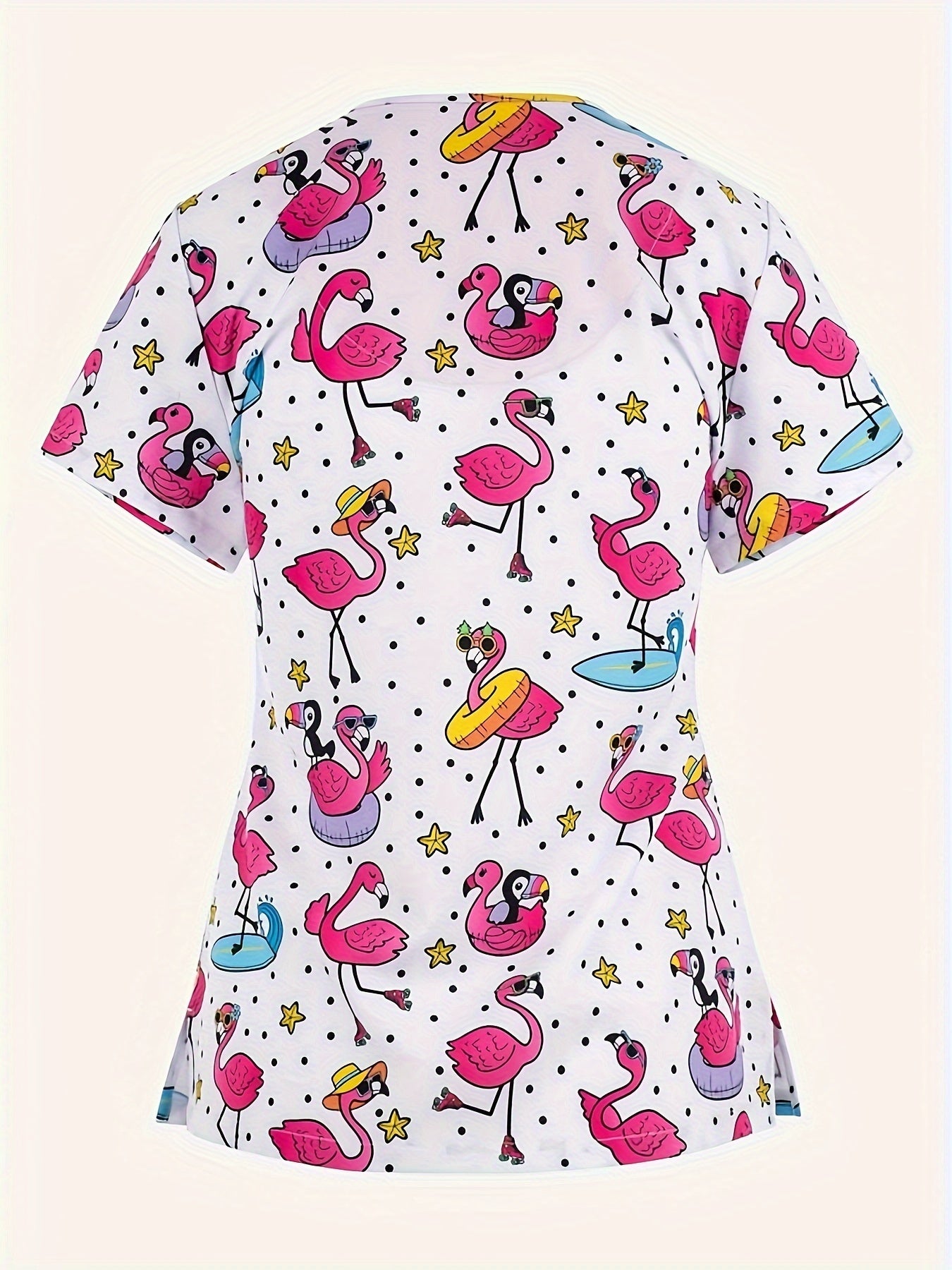 Flamingo Chic - Blusa médica con cuello en V y mangas cortas para mujer - Prenda médica de moda para uso informal y profesional