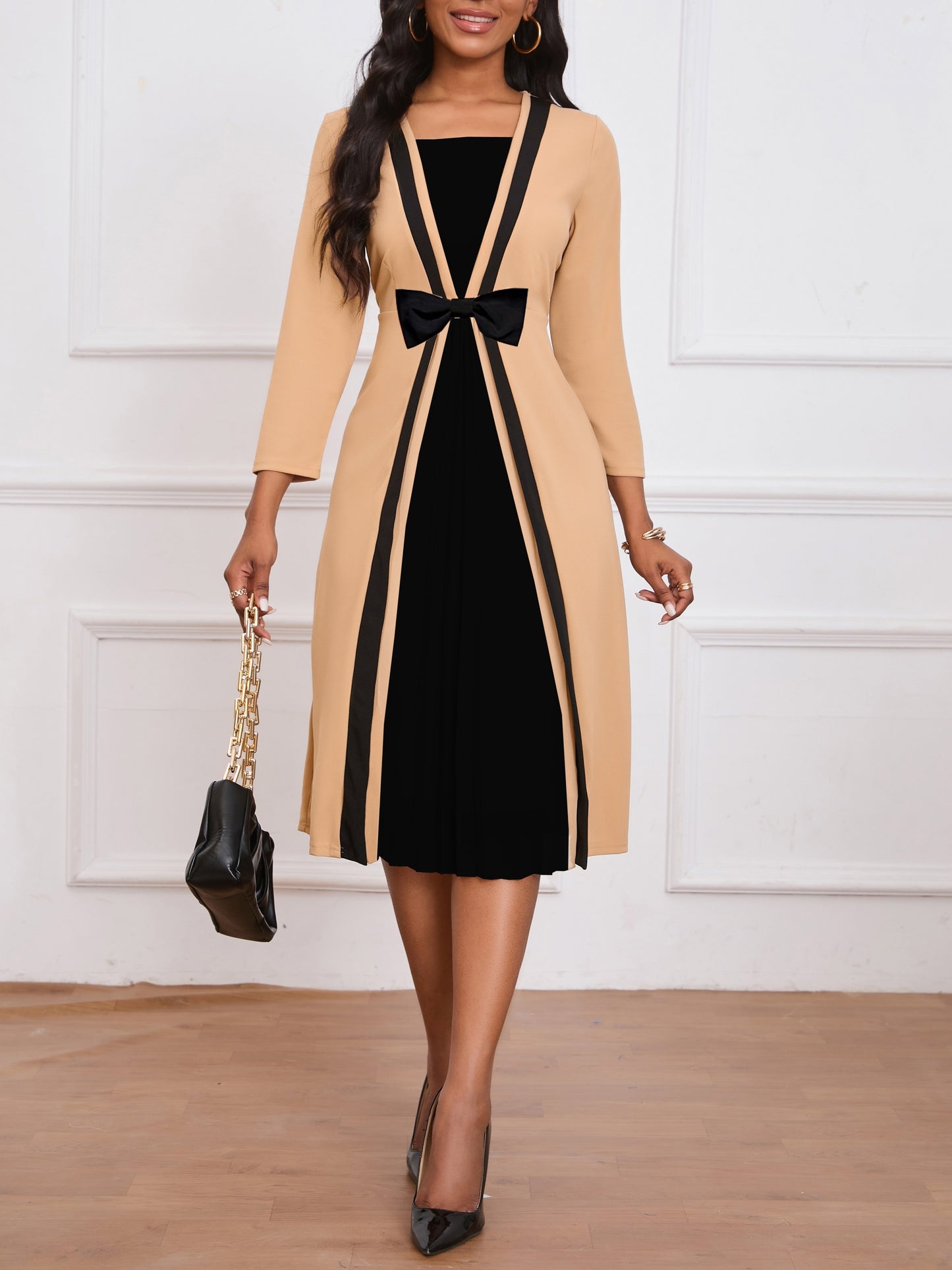 Plus Size Chic Colorblock Dress - Flattering Cinched Waist & Long Sleeves - Versatile Elegance for Any Occasion, Ideal for Curvy Fashion