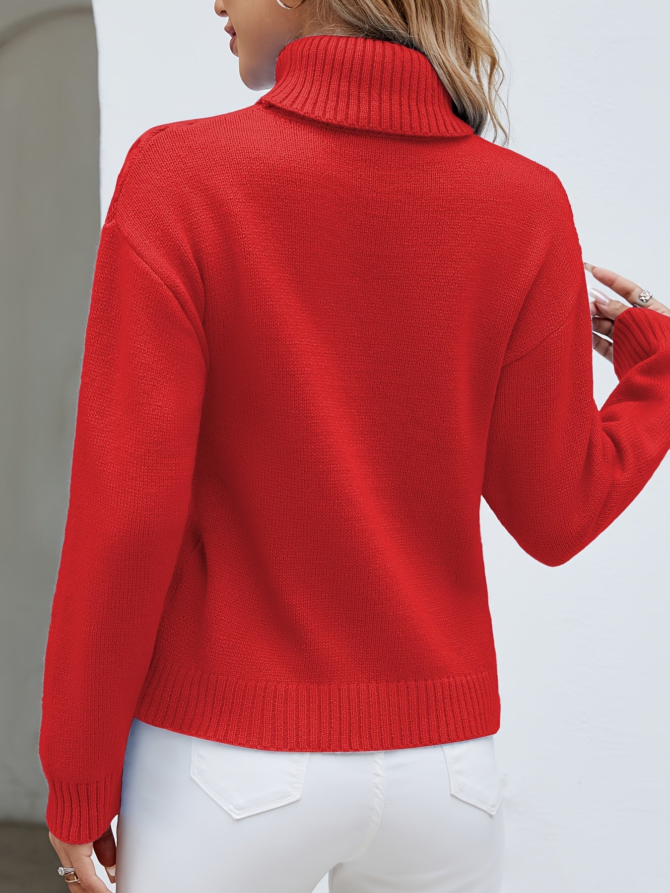 Suéter de manga larga de color sólido, suéter informal de cuello alto para invierno y otoño