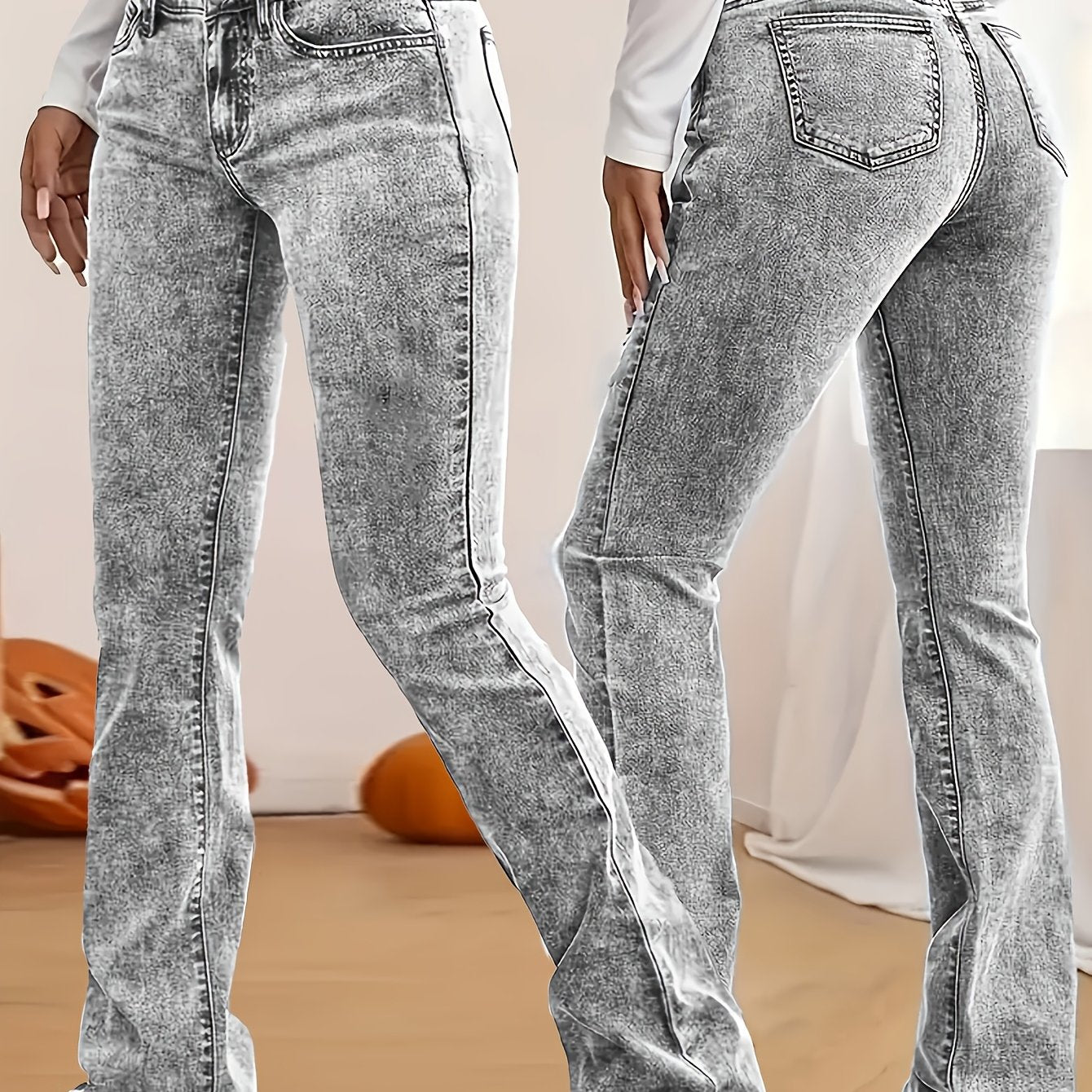 Women'S Casual Skinny Flare Jeans, 70% Viscose 24% Polyester 6% Spandex, Long Length, Low Waist, Button Fly, Medium Stretch