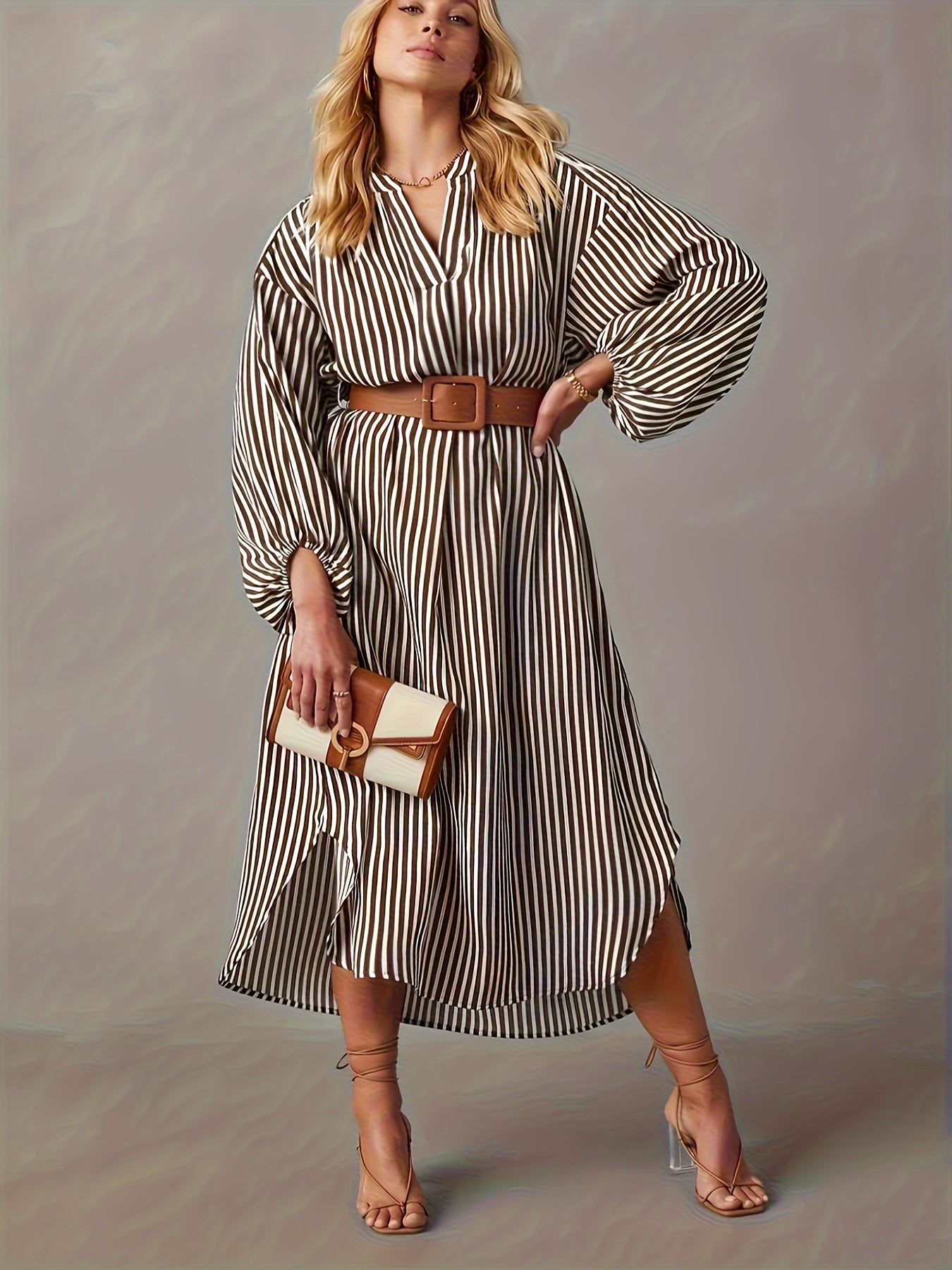 Plus Size Elegant Fitted Midi Dress - V-Neck Stripe Print Lantern Sleeve Linen Dress for Spring and Fall - Non-Stretch Woven Fabric with Random Printing