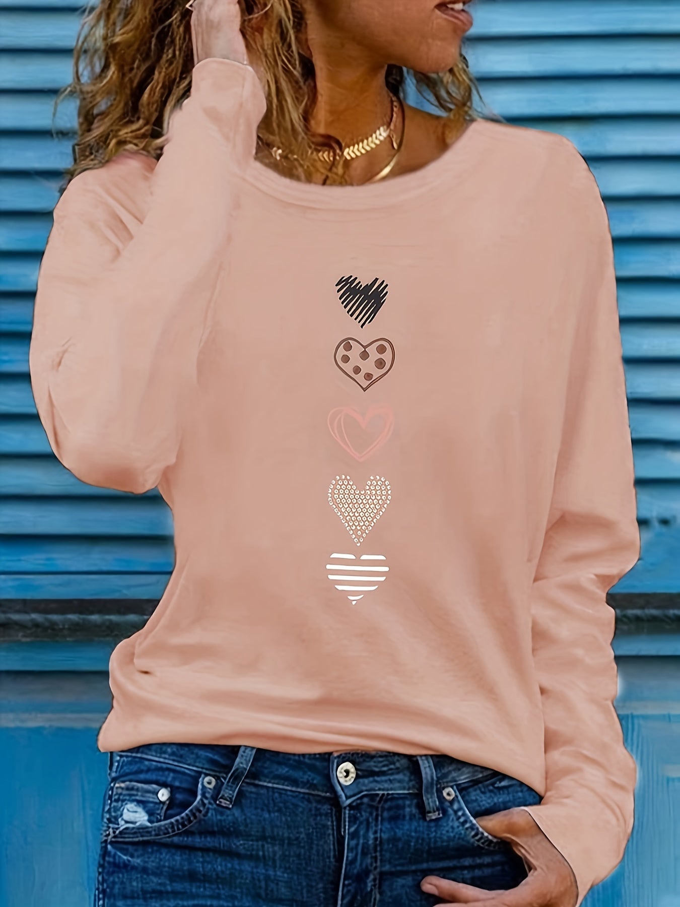 Plus Size Casual T-shirt - Adorable Heart Pattern Print, Comfortable Long Sleeves, Classic Round Neckline, Medium Stretch for a Flattering Fit - Designed Specifically for Women