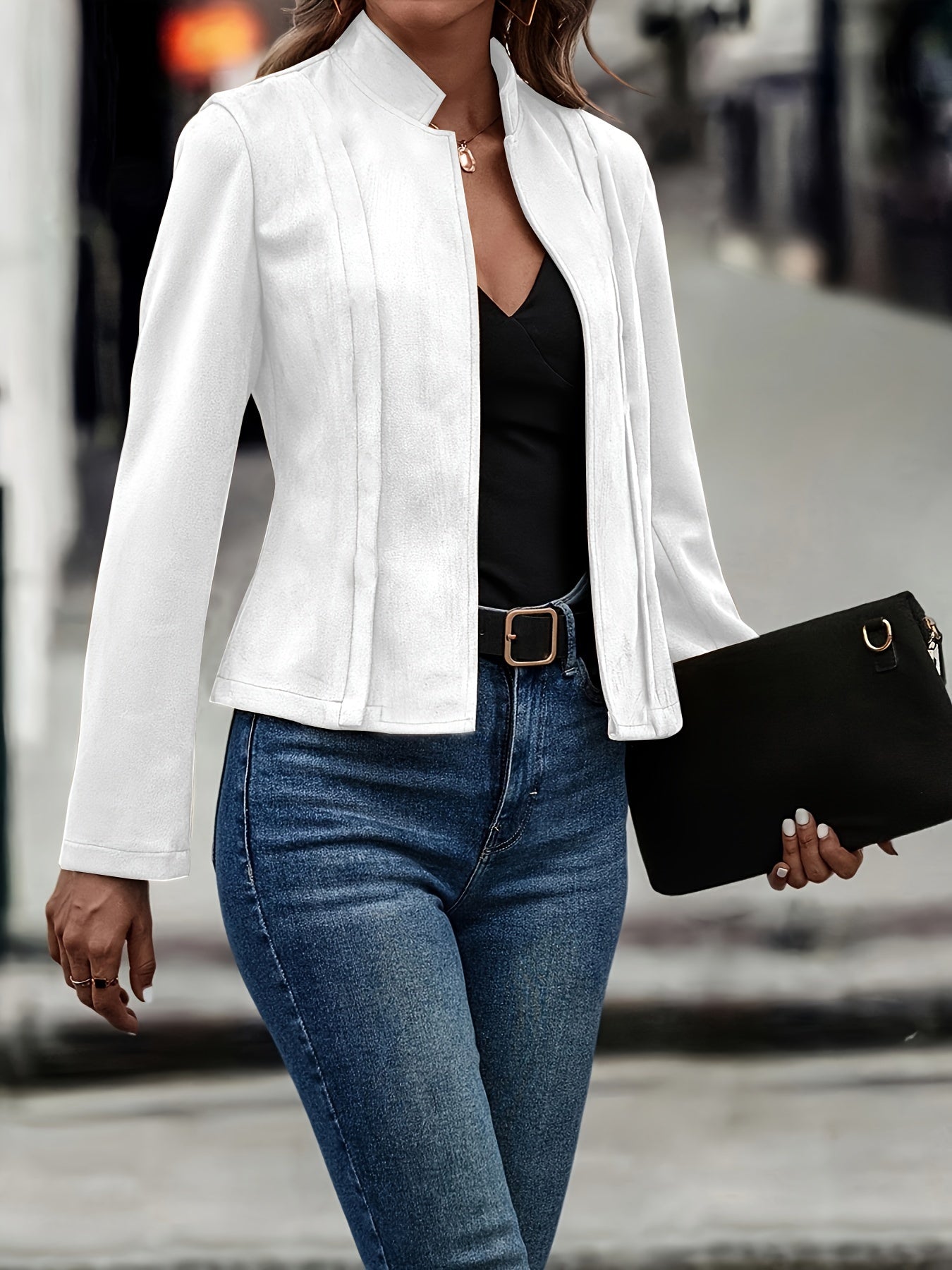Chaqueta elegante de cuello alto y manga larga ajustada: diseño frontal abierto en color sólido suave, perfecta para la temporada de primavera y otoño, prenda elegante para mujer para uso diario