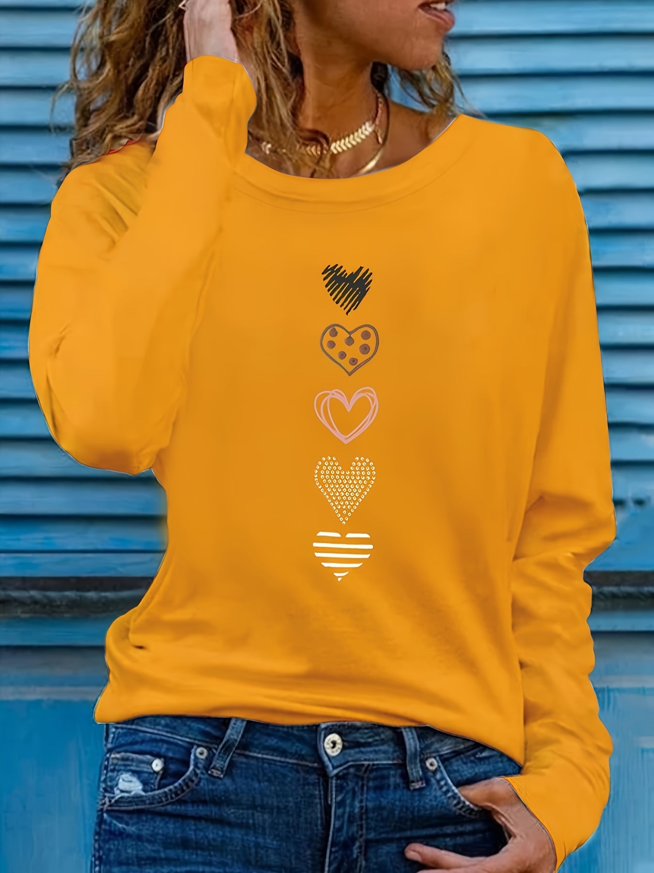 Plus Size Casual T-shirt - Adorable Heart Pattern Print, Comfortable Long Sleeves, Classic Round Neckline, Medium Stretch for a Flattering Fit - Designed Specifically for Women
