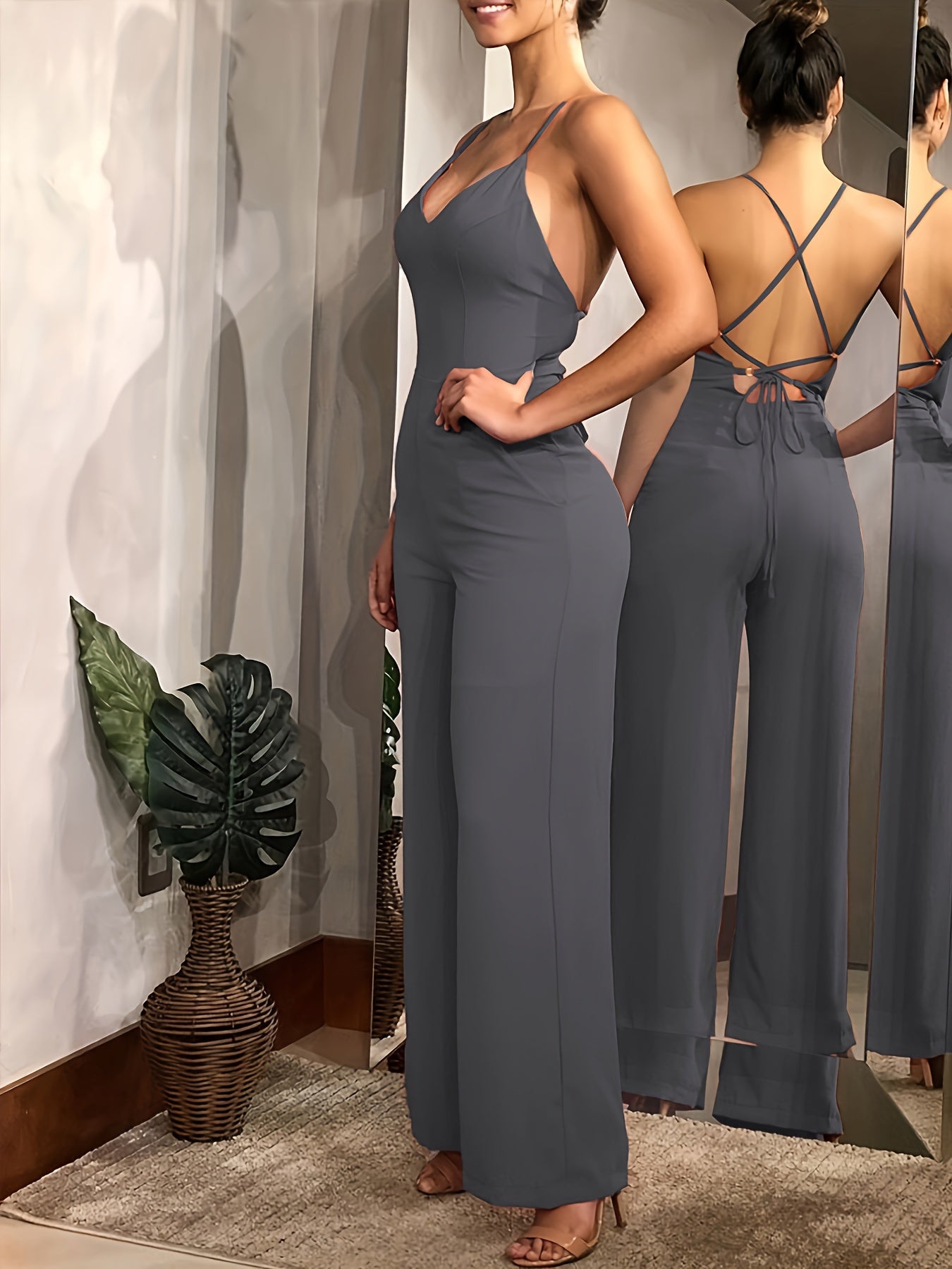 Cross Tie Back V-neck Jumpsuit, Sexy Solid Backless Jumpsuit