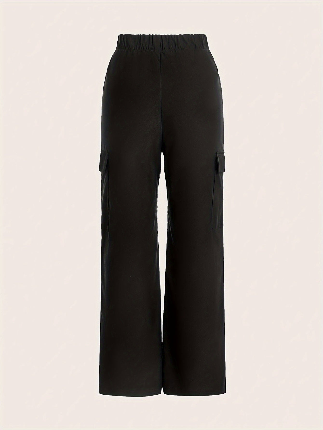 Women's Casual Polyester Wide Leg Cargo Pants with Elastic Waist and Flap Pockets