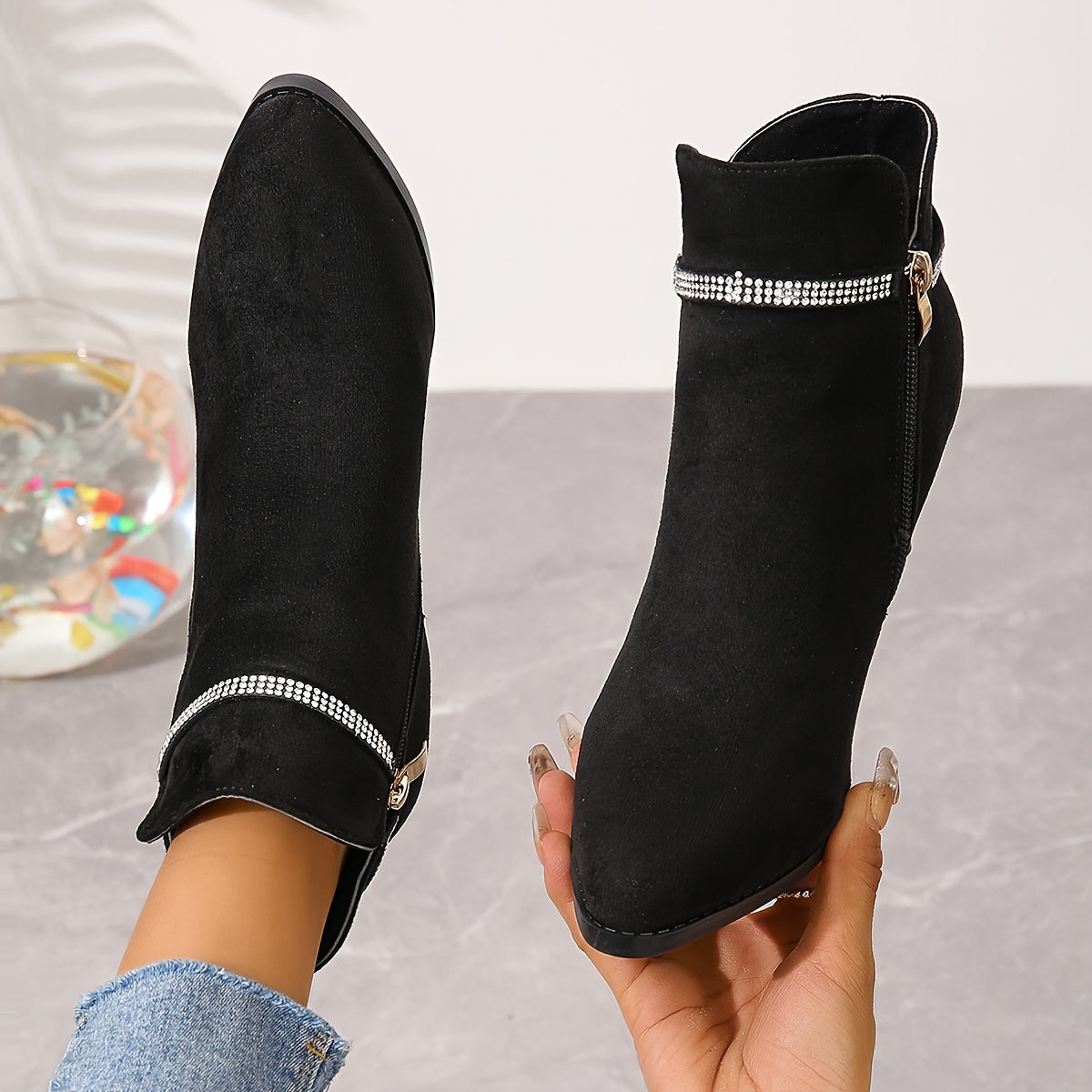 Dazzling Rhinestone Stiletto Heeled Boots - Fashion-Forward Womens Pointed Toe Dress Boots with Comfortable Fit & Smooth Side Zipper - For Glamorous Evening Outfits