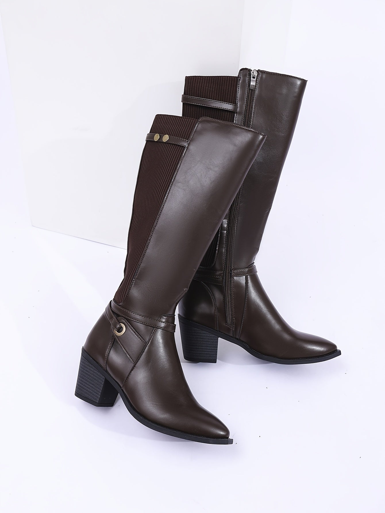 1 par de elegantes botas altas hasta la rodilla de color liso para mujer, punta puntiaguda, tacón de bloque, cierre de cremallera lateral, forro de tela cómodo, suela de goma, botas de vestir para todas las estaciones