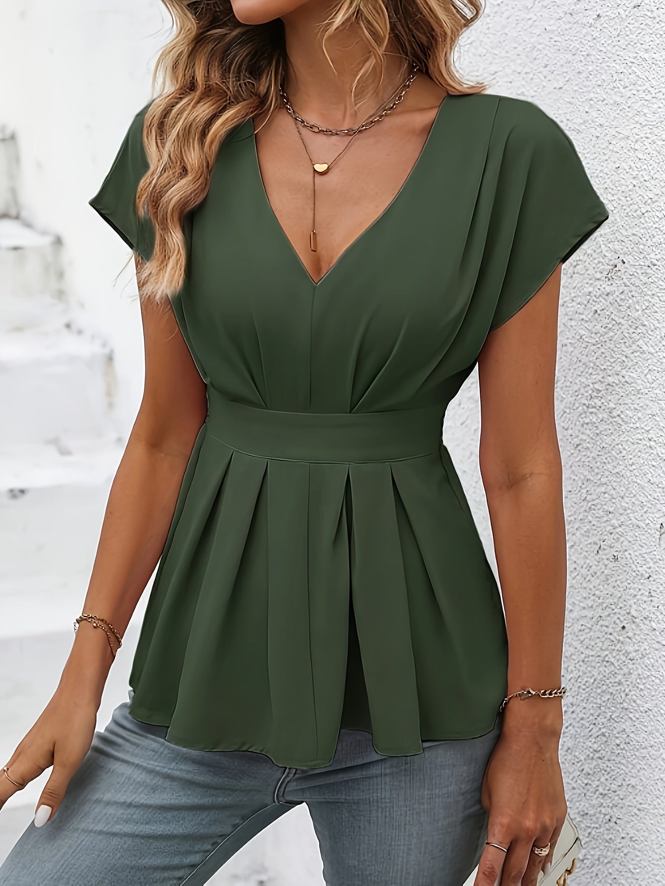 Blusa elegante con escote en V y peplum, dobladillo con volantes, cintura ceñida, diseño elegante, perfecta para primavera y verano, ropa de mujer, ropa informal, ropa de oficina