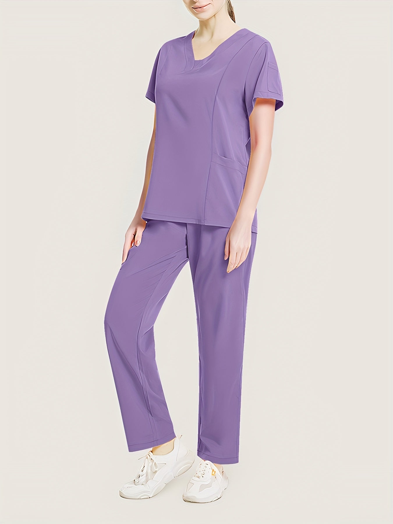 Conjunto médico de dos piezas con cuello en V, manga corta y pantalones elásticos, cómodo y de ajuste cómodo para mujeres | Uniformes médicos duraderos y de fácil cuidado para profesionales de la salud