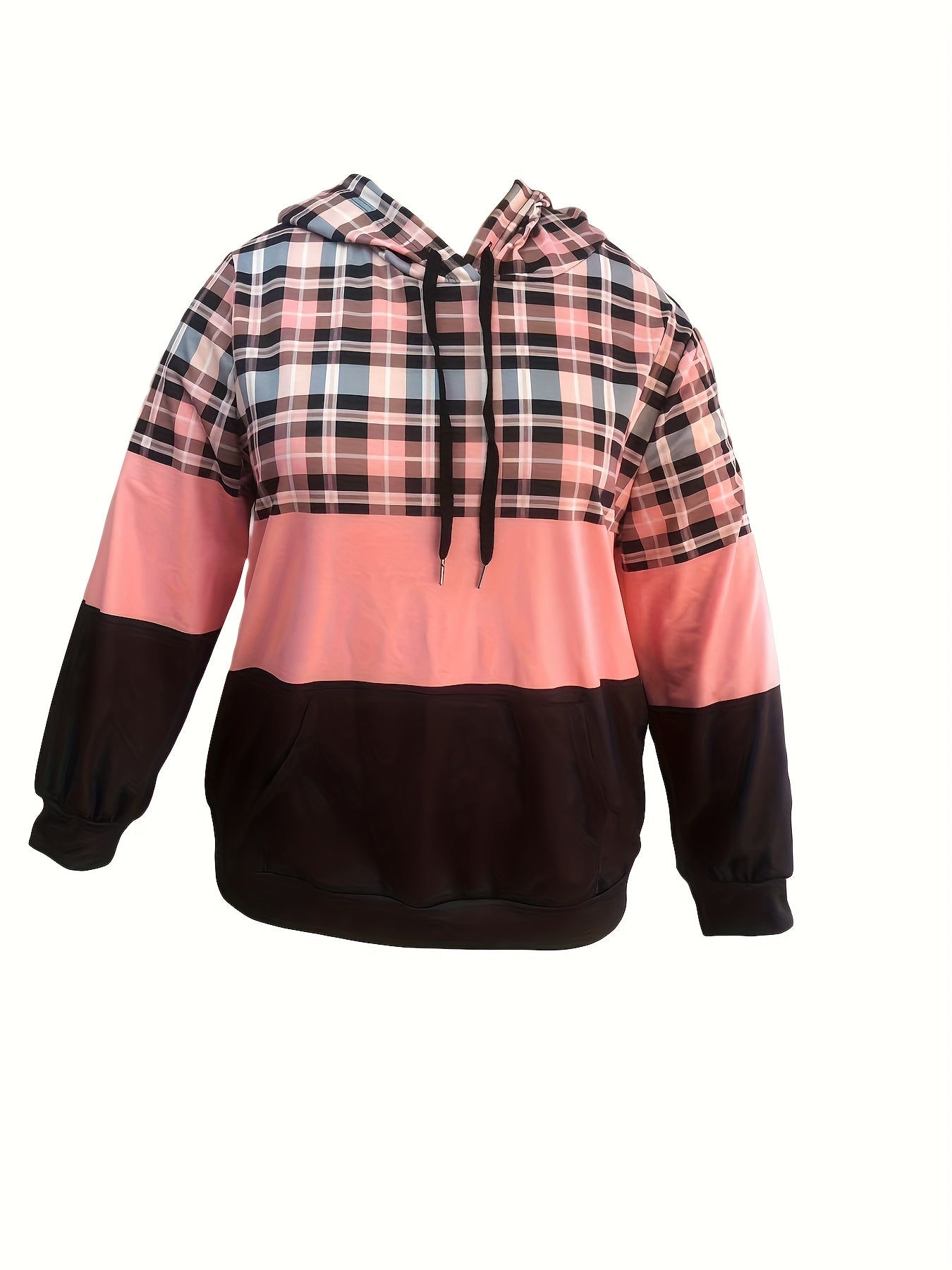 Plus Size Casual Sweatshirt - Designed for Women with Curvy Figures, Vibrant Colorblock Plaid Print, Long Sleeve for Extra Coverage and Comfort, Adjustable Drawstring Hood, Perfect for Casual Occasions