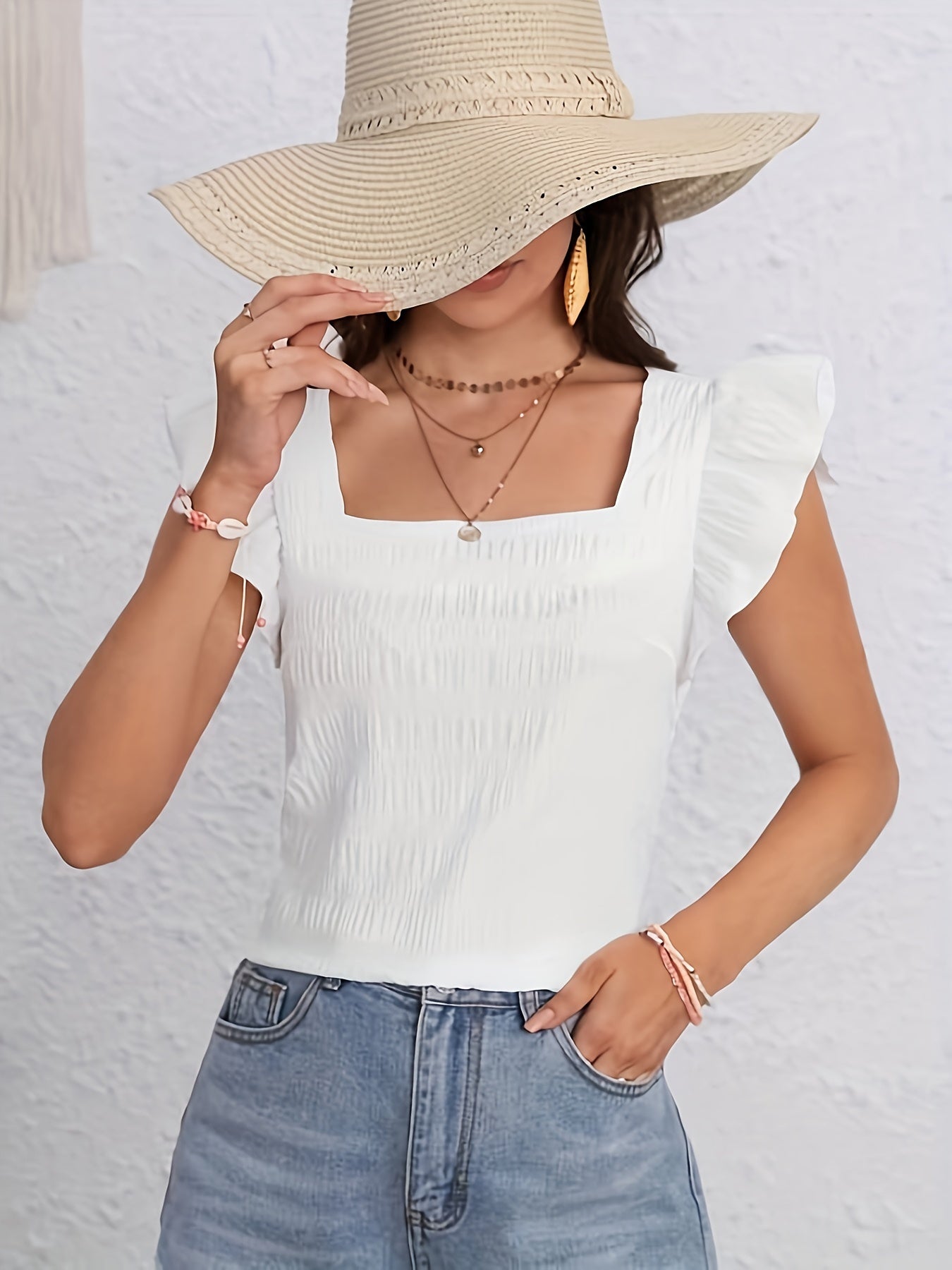 Blusa con escote cuadrado y mangas con volantes - Tono liso encantador para primavera y verano - Top informal de mujer de moda