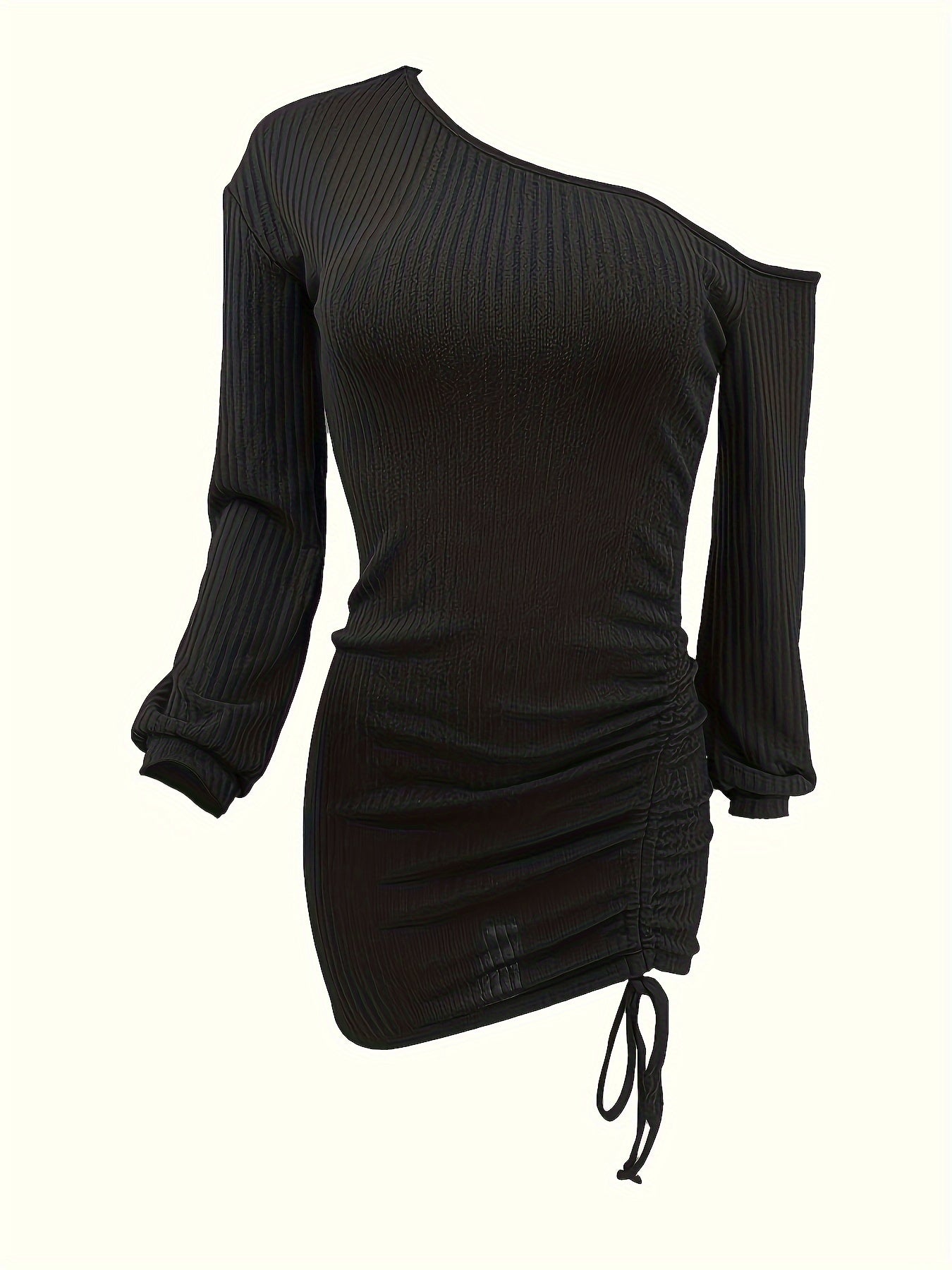 Women'S Sexy Midi Bodycon Dress, Long Sleeve Off Shoulder Knit Fabric, Drawstring Ribbed Polyester Spandex Blend