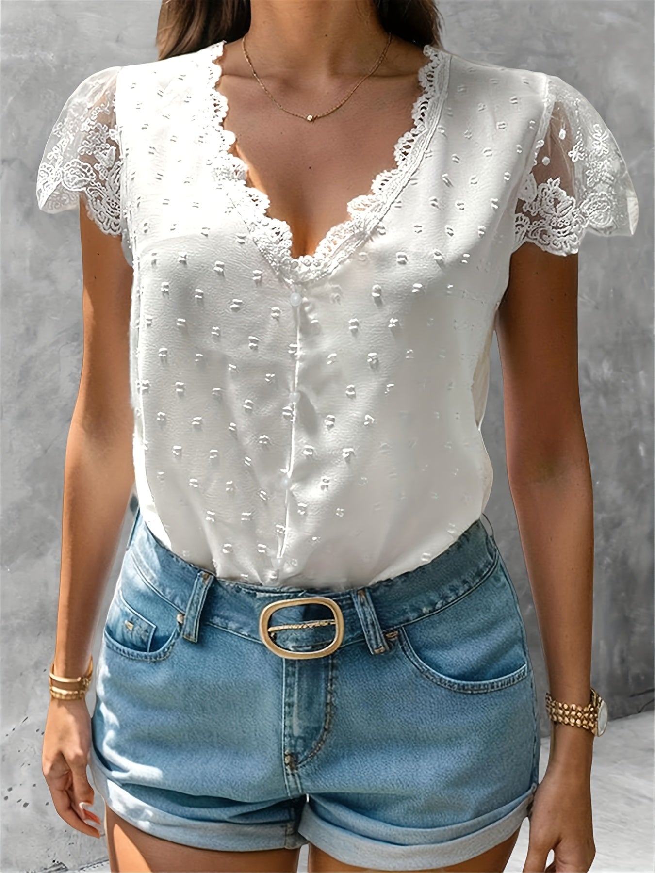 Swiss Dot Contrast Lace Blouse, Vacation V-neck Short Sleeve Button Front Blouse, Women's Clothing