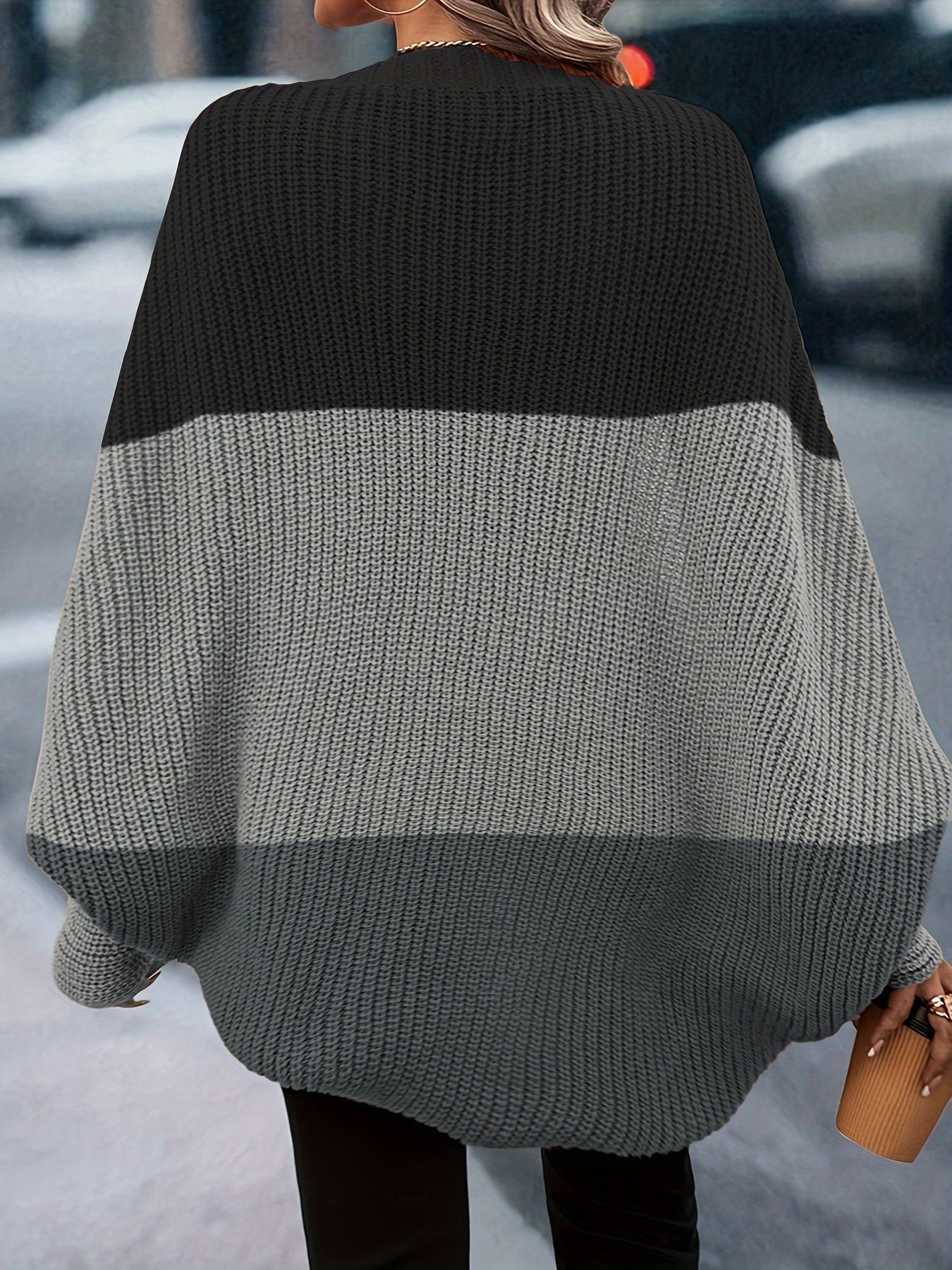 Cárdigan de punto con bloques de colores elegantes: suéter suave con mangas murciélago y frente abierto